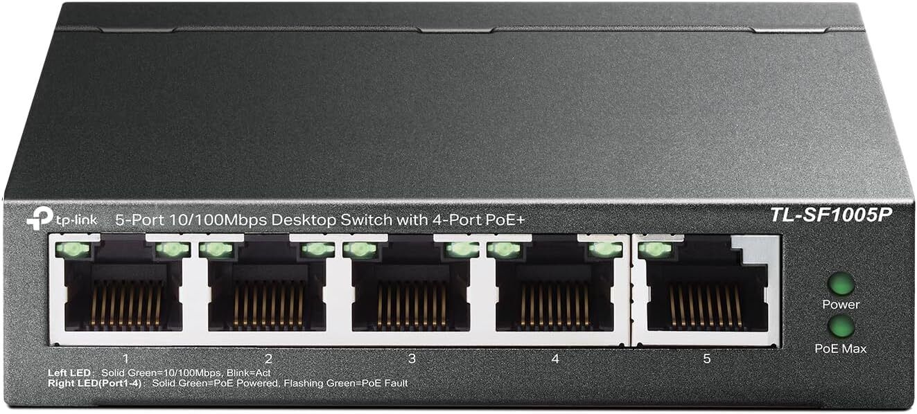 TP Link TL SF1005P 5 Port Fast Ethernet PoE Switch 4 PoE Ports 67W Desktop Plug 