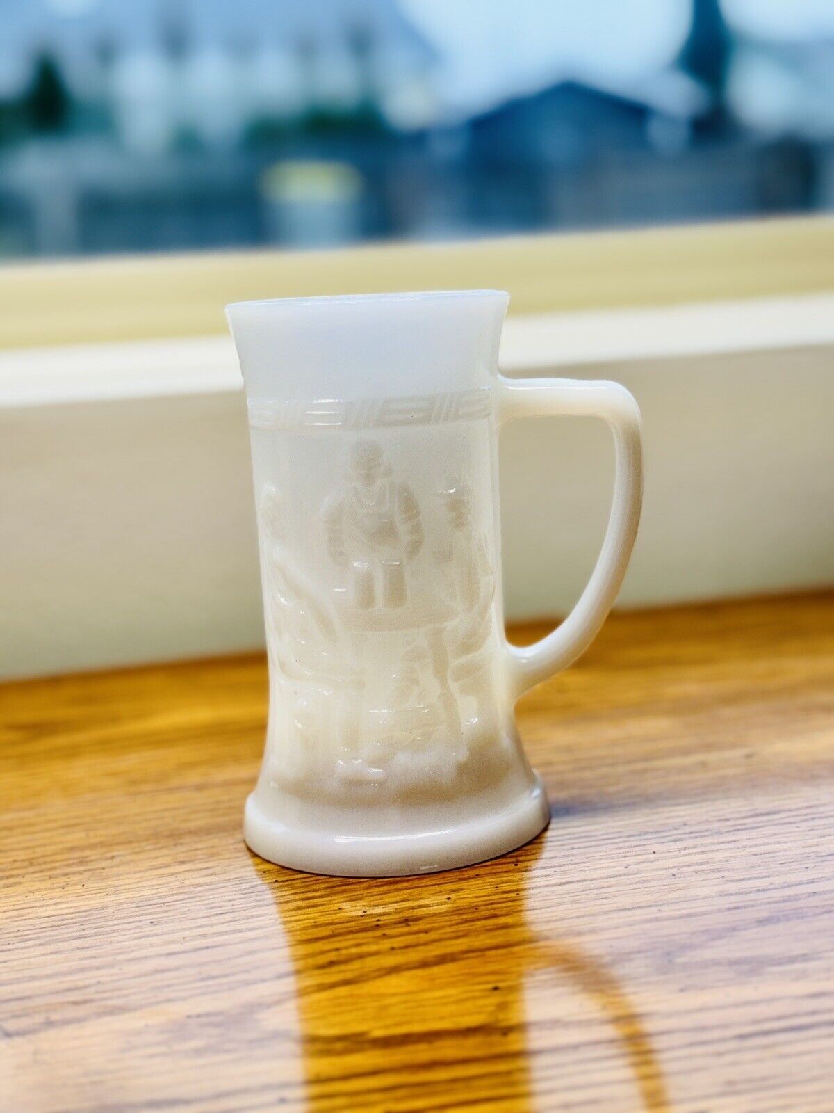 Vintage Federal Milk Glass Beer Stein Embossed Tavern Scene