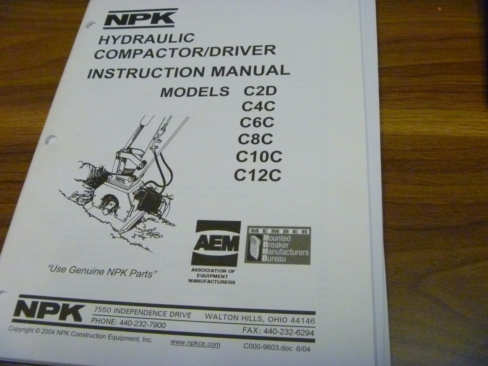 NPK C2D C4C C6C C8C C10C C12C Hydraulic Compactor Driver Owner Operator Manual