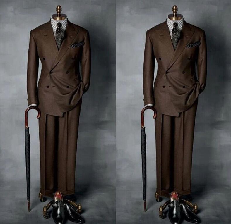Vintage Dark Brown Men Suit Peak Lapel Double Breasted Formal Wedding Groom 2pcs