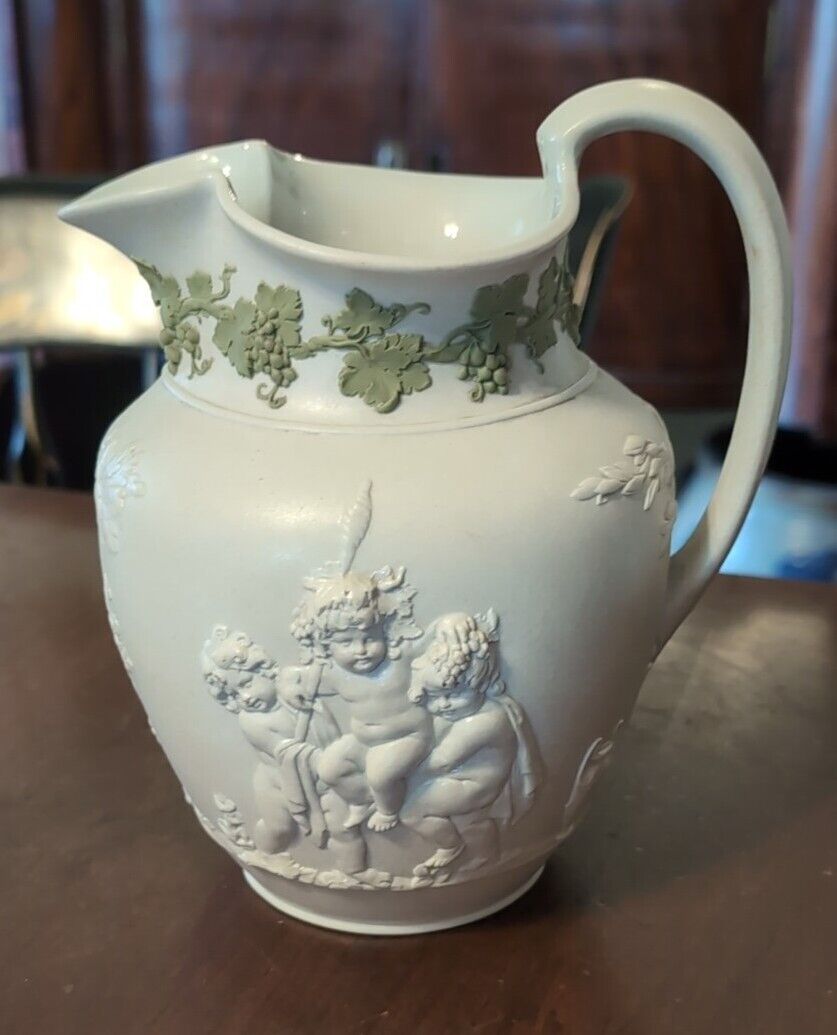 Antique Wedgwood Pitcher White Relief Molded Green Grape Band 19th Century...
