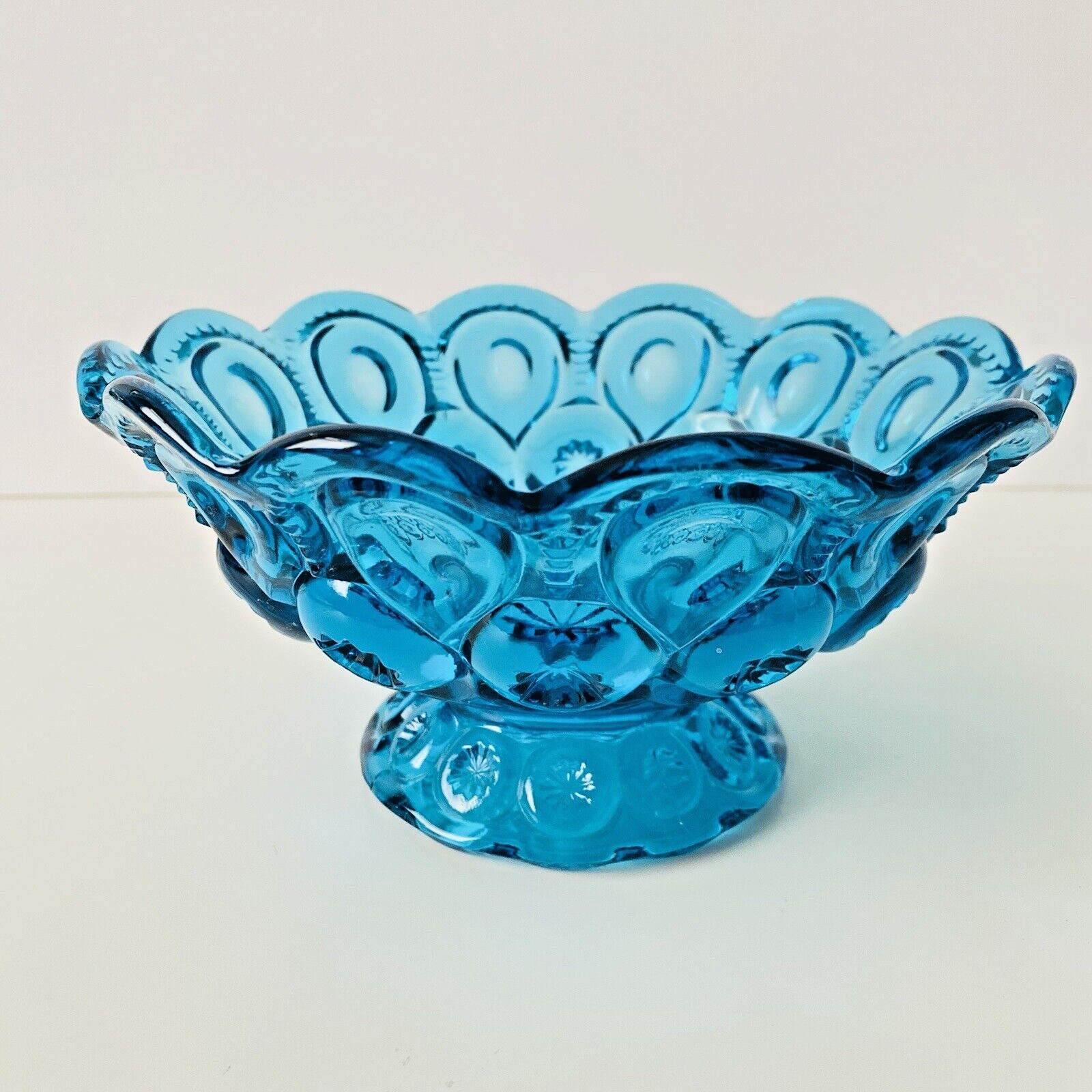 Vintage LE Smith Colonial Blue Moon and Stars Compote Candy Footed Glass Bowl