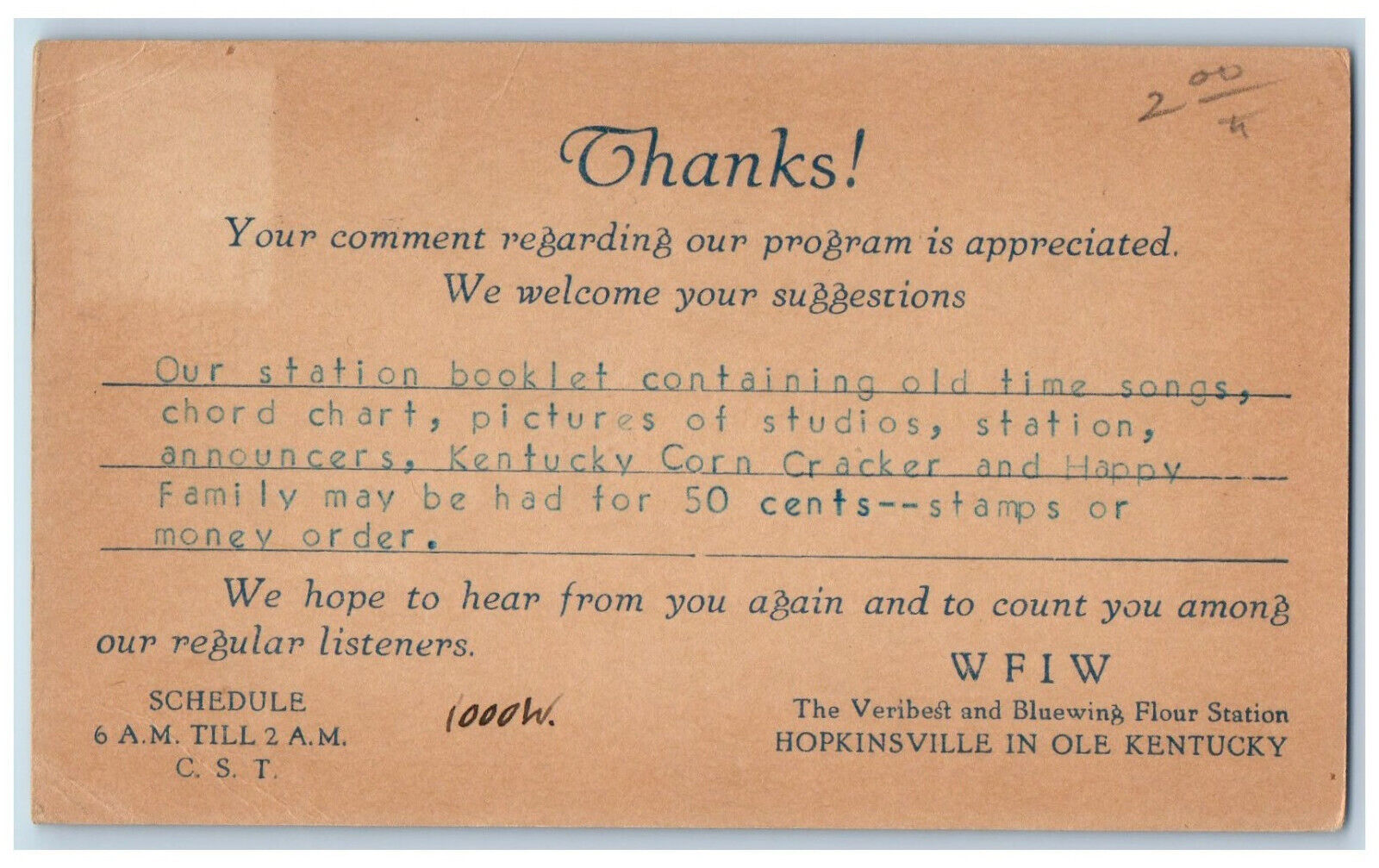 Hopkinsville KY Postal Card WFIW Veribest Bluewing Flour Station 1932 Posted