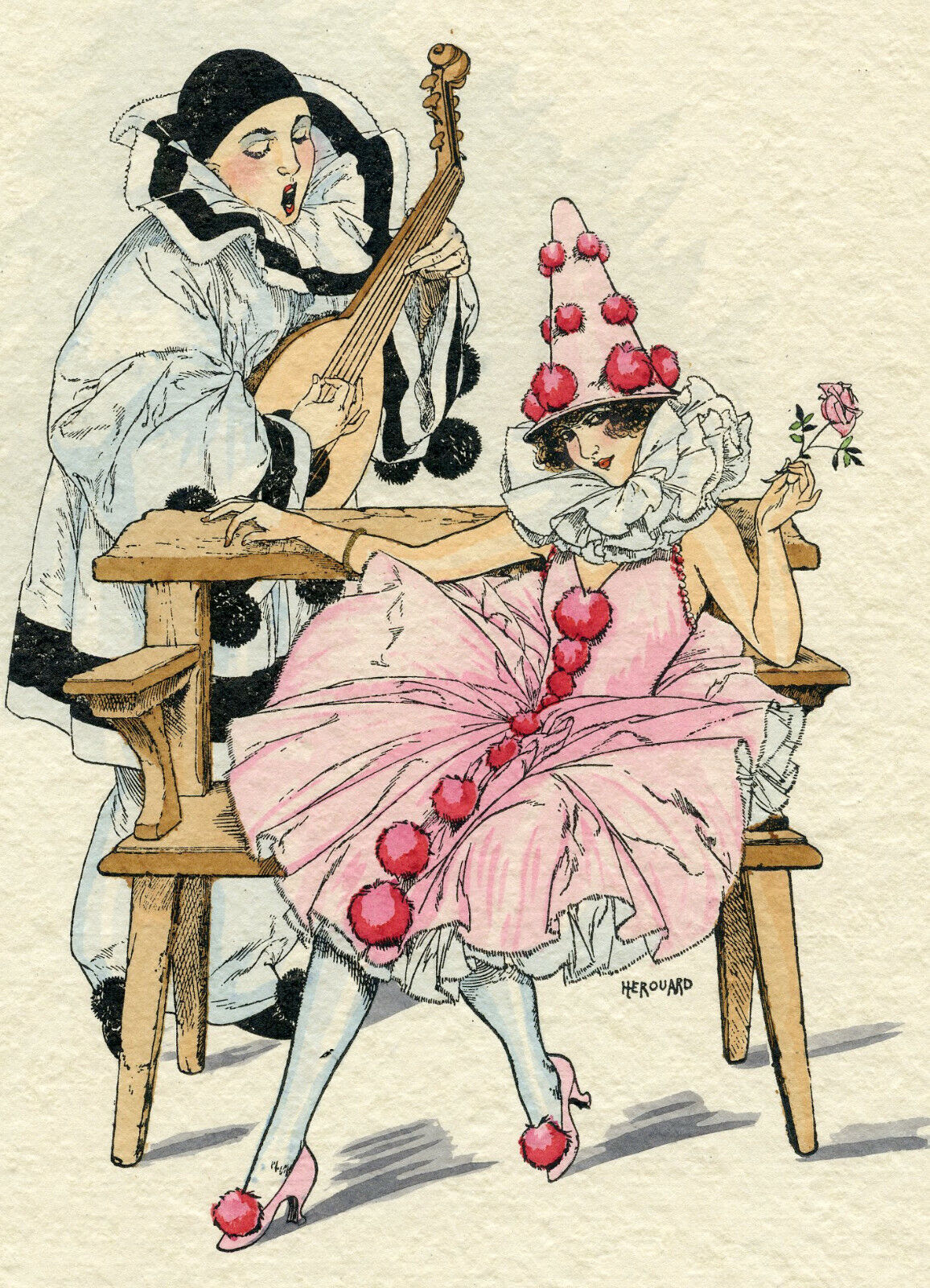 1930s French Pochoir Artdeco Print Herouard Harlequin Love Pulcinella Arlecchino
