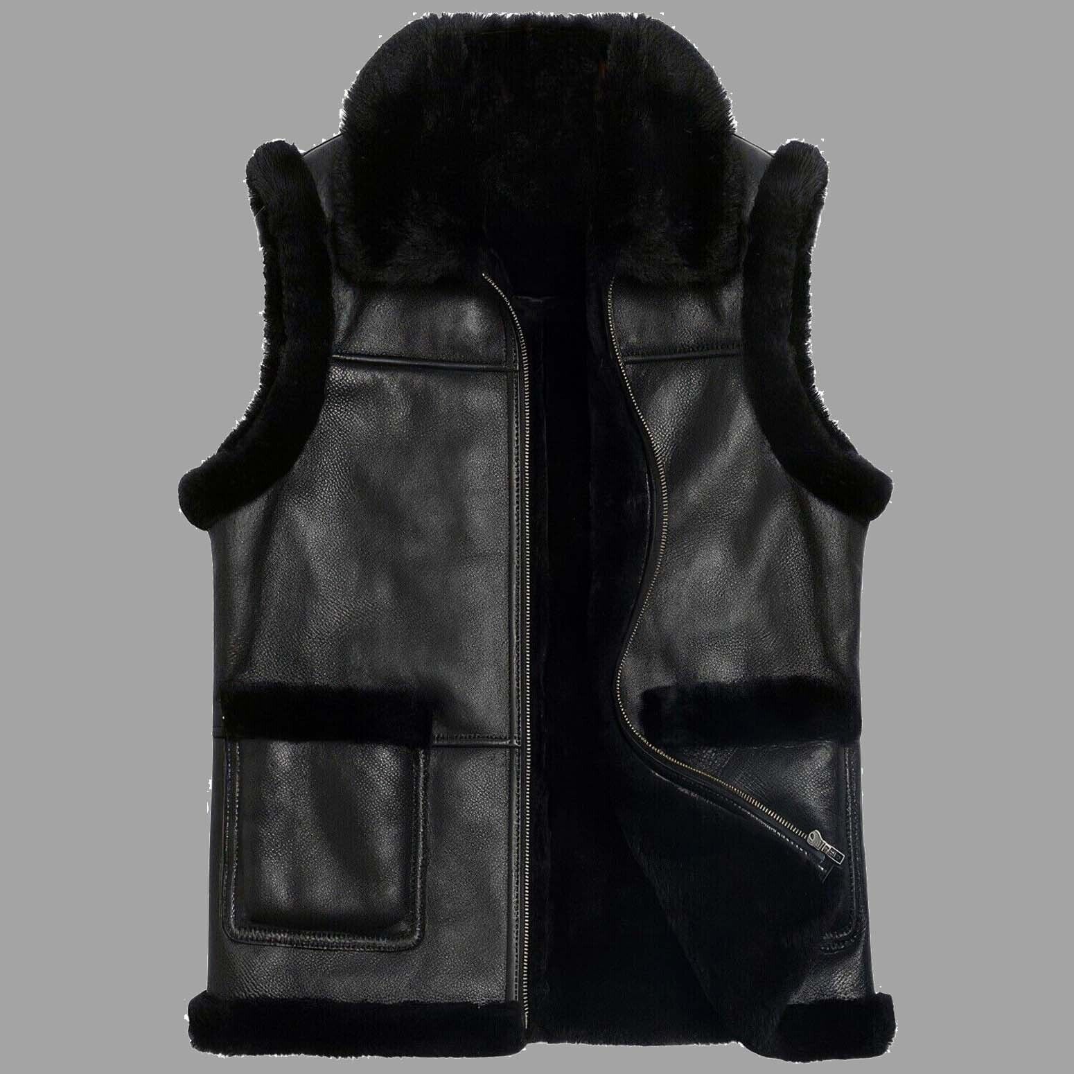 Men\'s Shearling Real Sheepskin Leather Black Vest Mens RAF Sleeveless Fur Vest