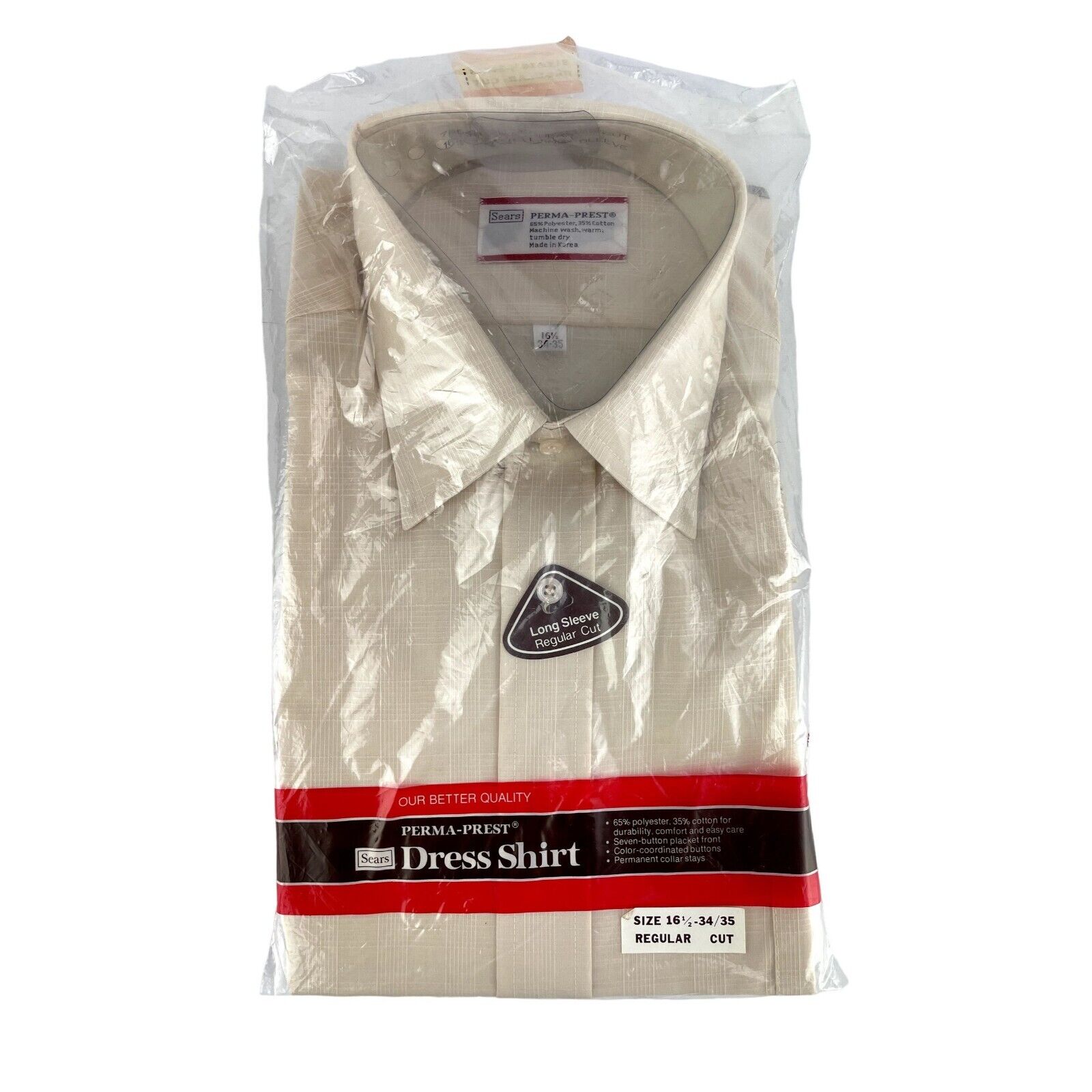 Vtg Sears Perma-Prest Reg Cut Long Sleeve Shirt 16 1/2 Beige Tan Lines