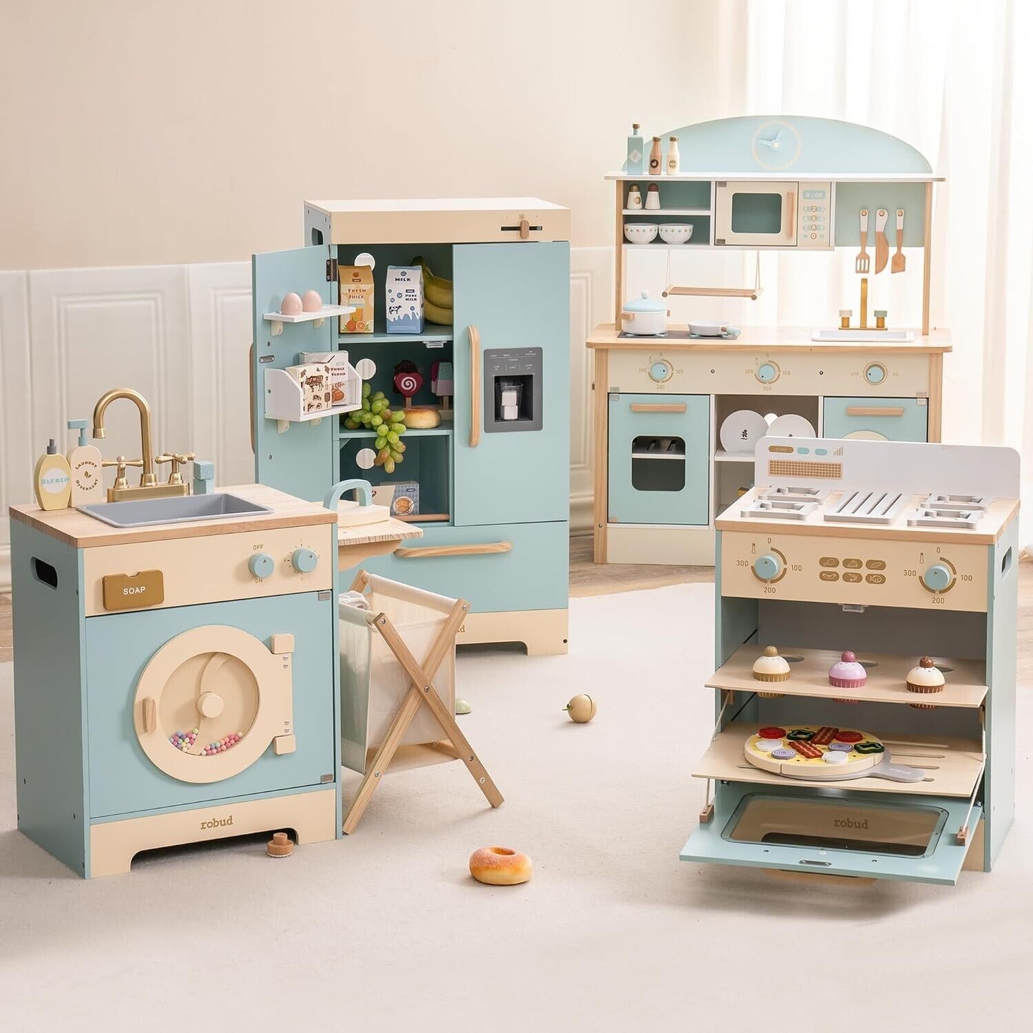Robotime Kids Corner Kitchen Playset Wooden Play Toy w/ Oven & Fridge for Toddle