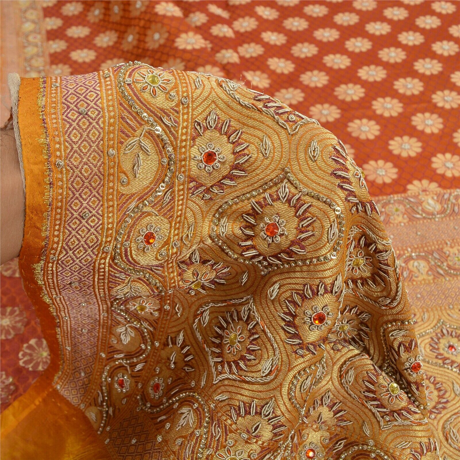 Sanskriti Vintage Saffron Sarees Pure Satin Silk Brocade/Banarasi Sari Fabric
