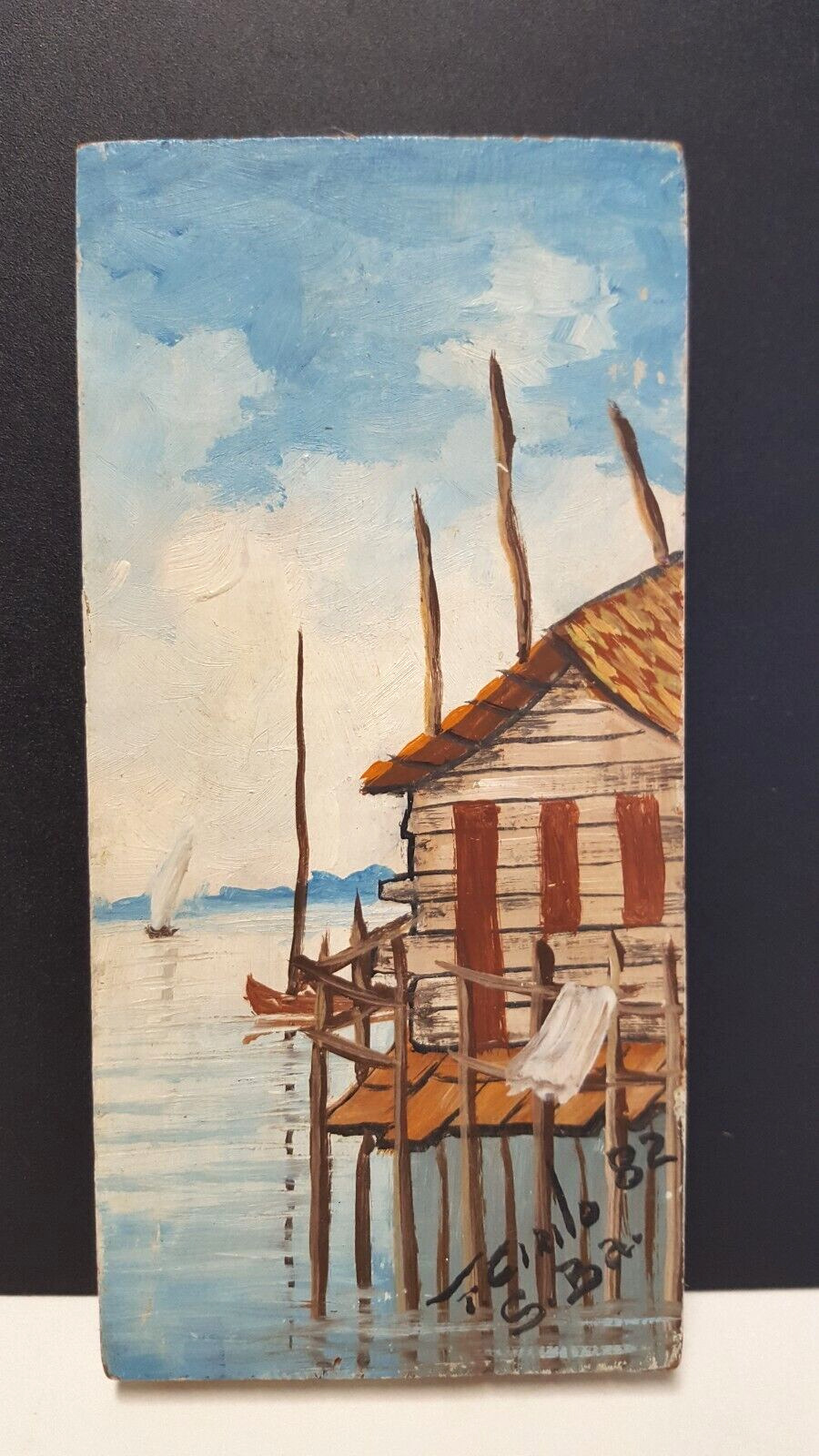 J Cirilo Bahia Signed Oil Painting On Wood Brazil Stilt House Water Boat Vtg \'82