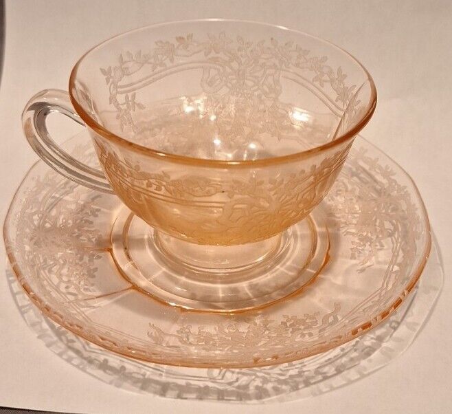 Vintage Fostoria June Elegant Glass Etched Footed Cup & Saucer in Rose/ Pink