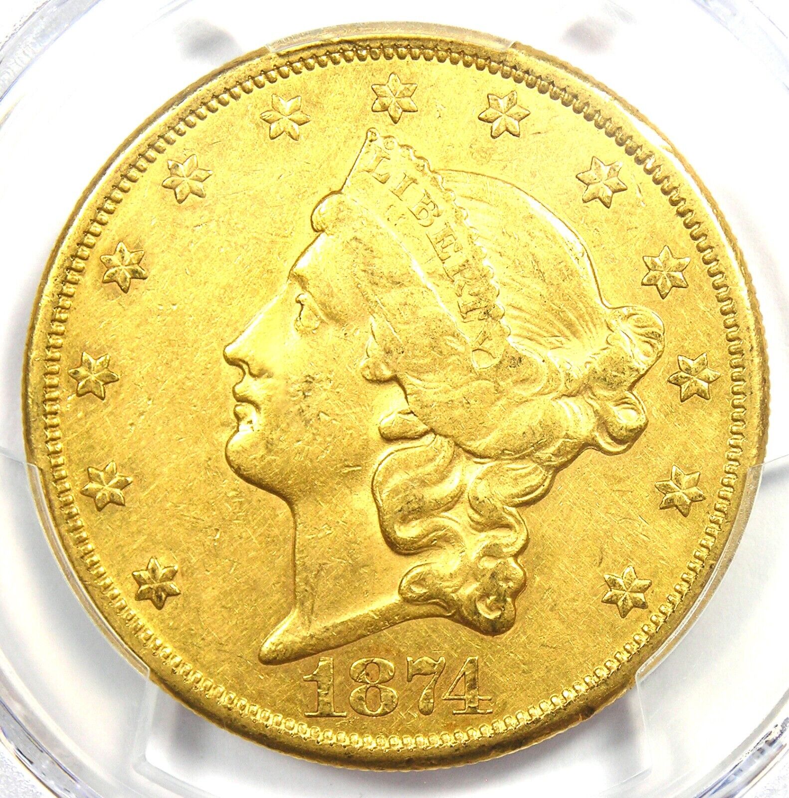 1874-CC Liberty Gold Double Eagle $20 Carson City Coin. Certified PCGS AU Detail