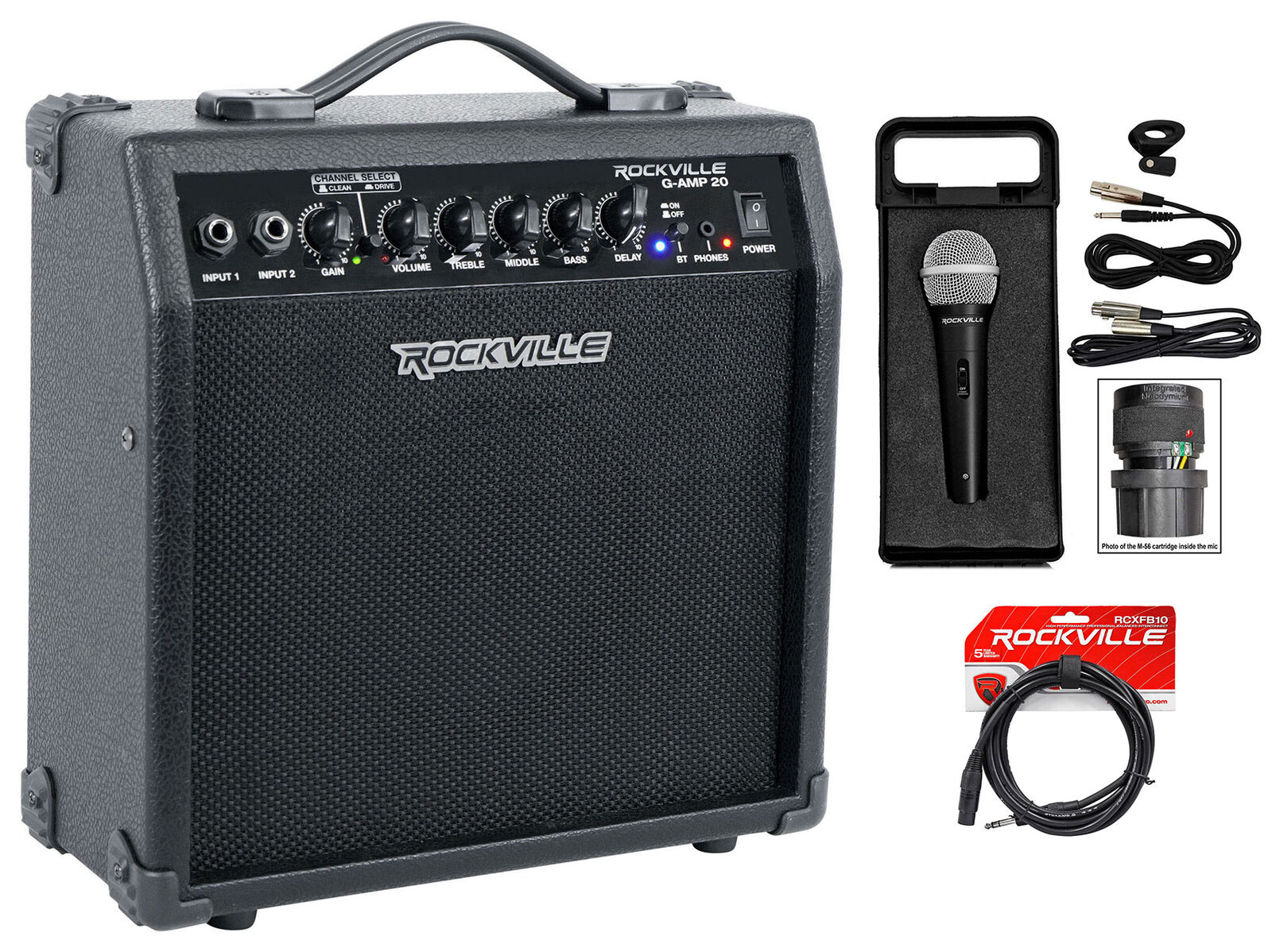 Rockville G-AMP 20 Watt Guitar Amplifier Combo Amp Bluetooth/Delay + Microphone