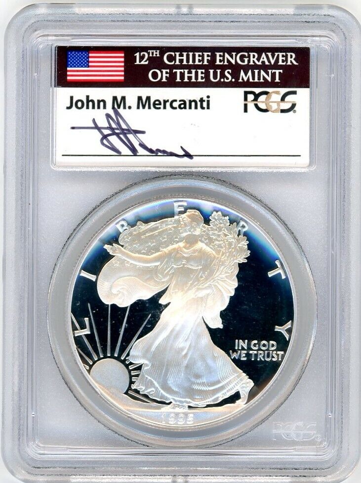 1995-P $1 Proof Silver Eagle PR70 PCGS John Mercanti Flag