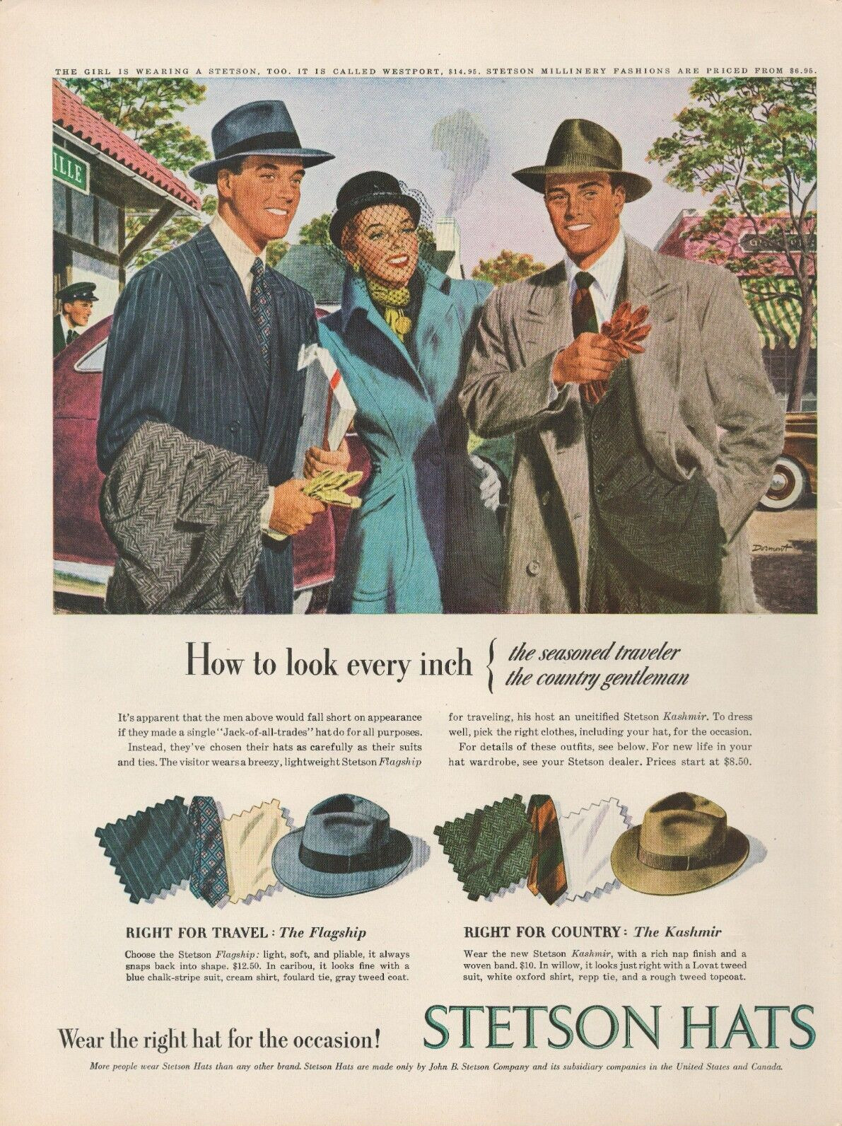1947 Stetson Hats Flagship Kashmir Seasoned Traveler Country Gentleman Print Ad