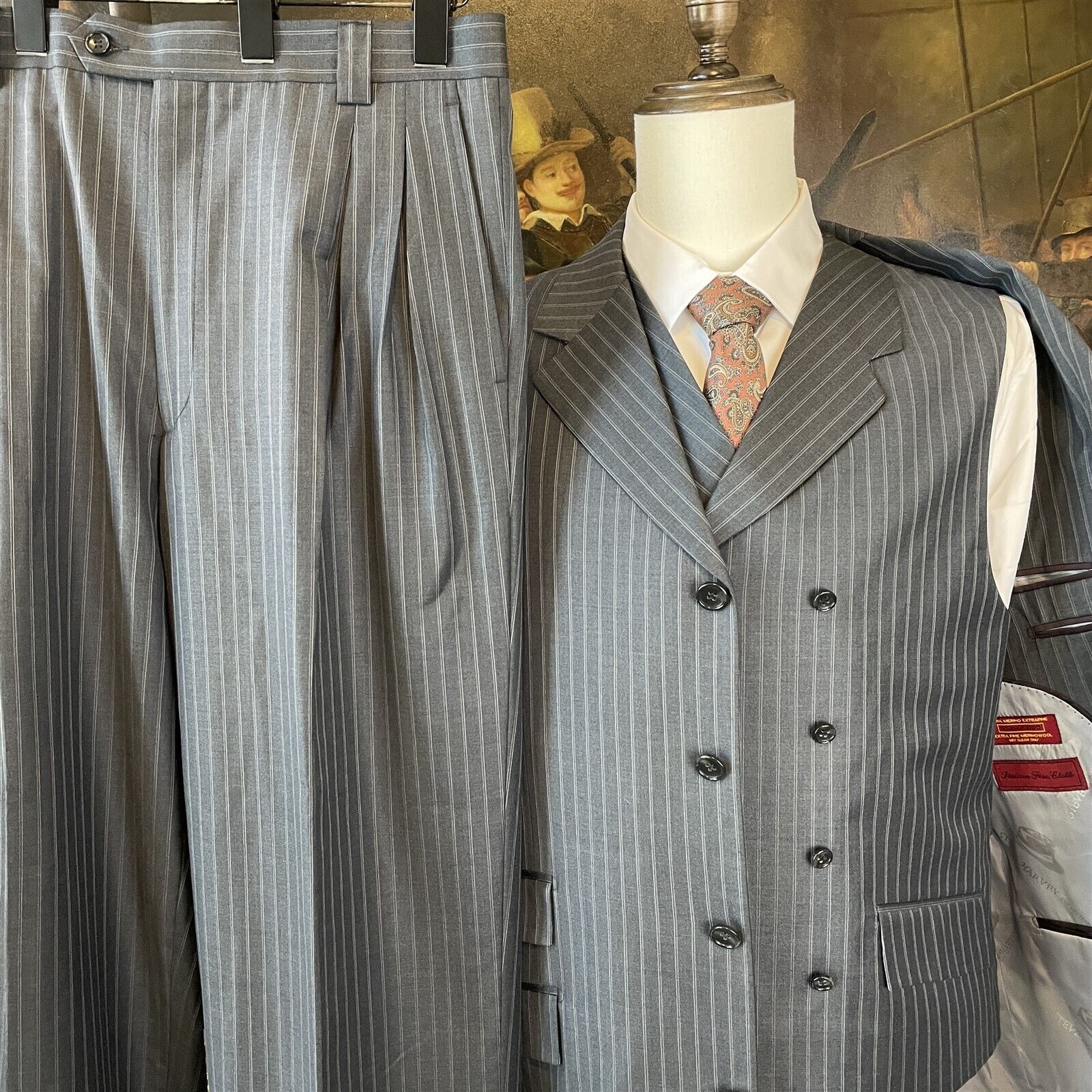 Steve Harvey 40R 34 x 28 3Pc Gray Pinstriped Super 120\'s Wool 4Btn Suit w/ Vest
