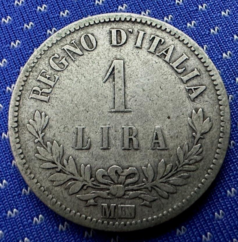 1863 Italy 1 Lire Coin M BN   .835 Silver   KM 15     #ZA23