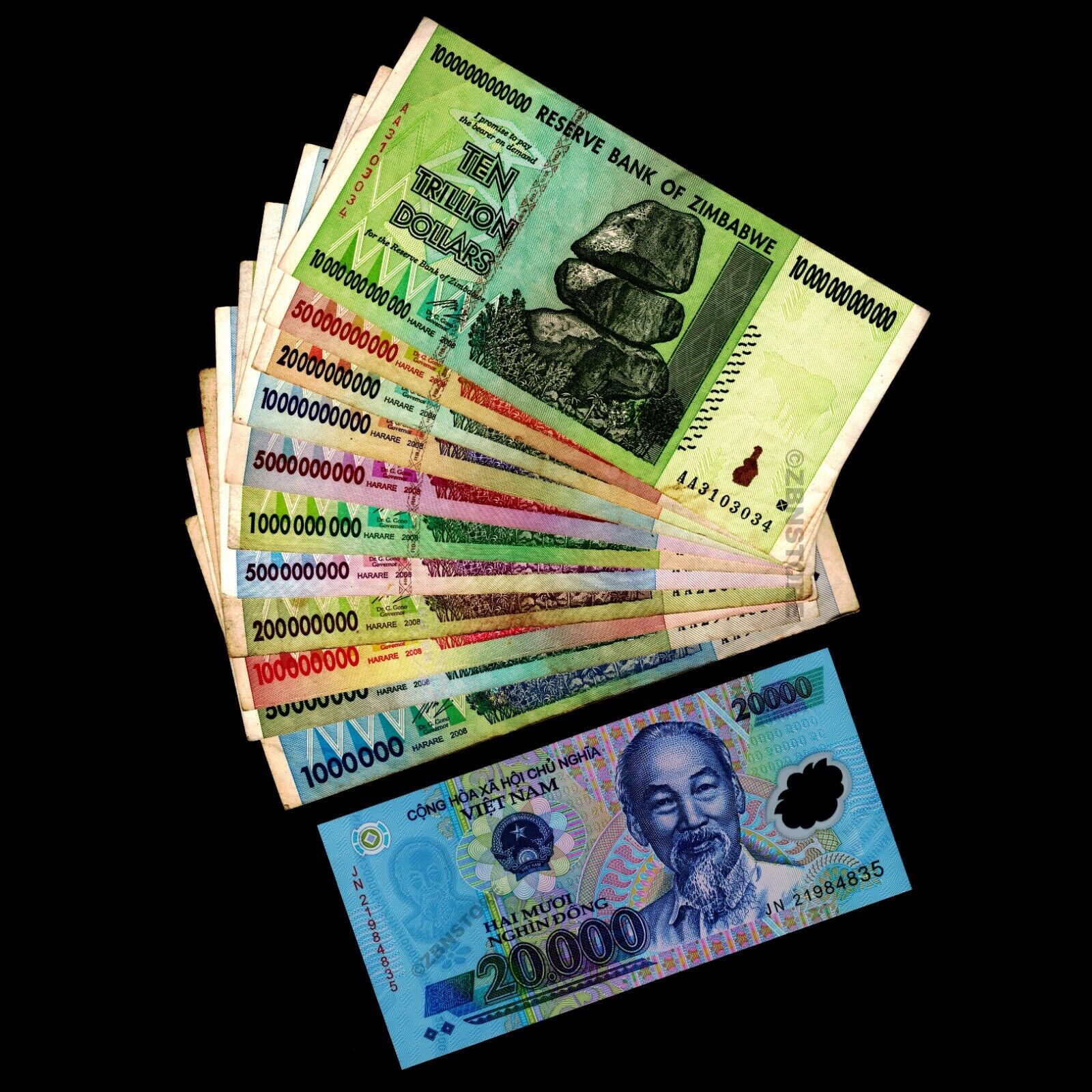1 Million to 10 Trillion Zimbabwe Dollars + 20,000 Vietnam Dong Banknotes w/ COA