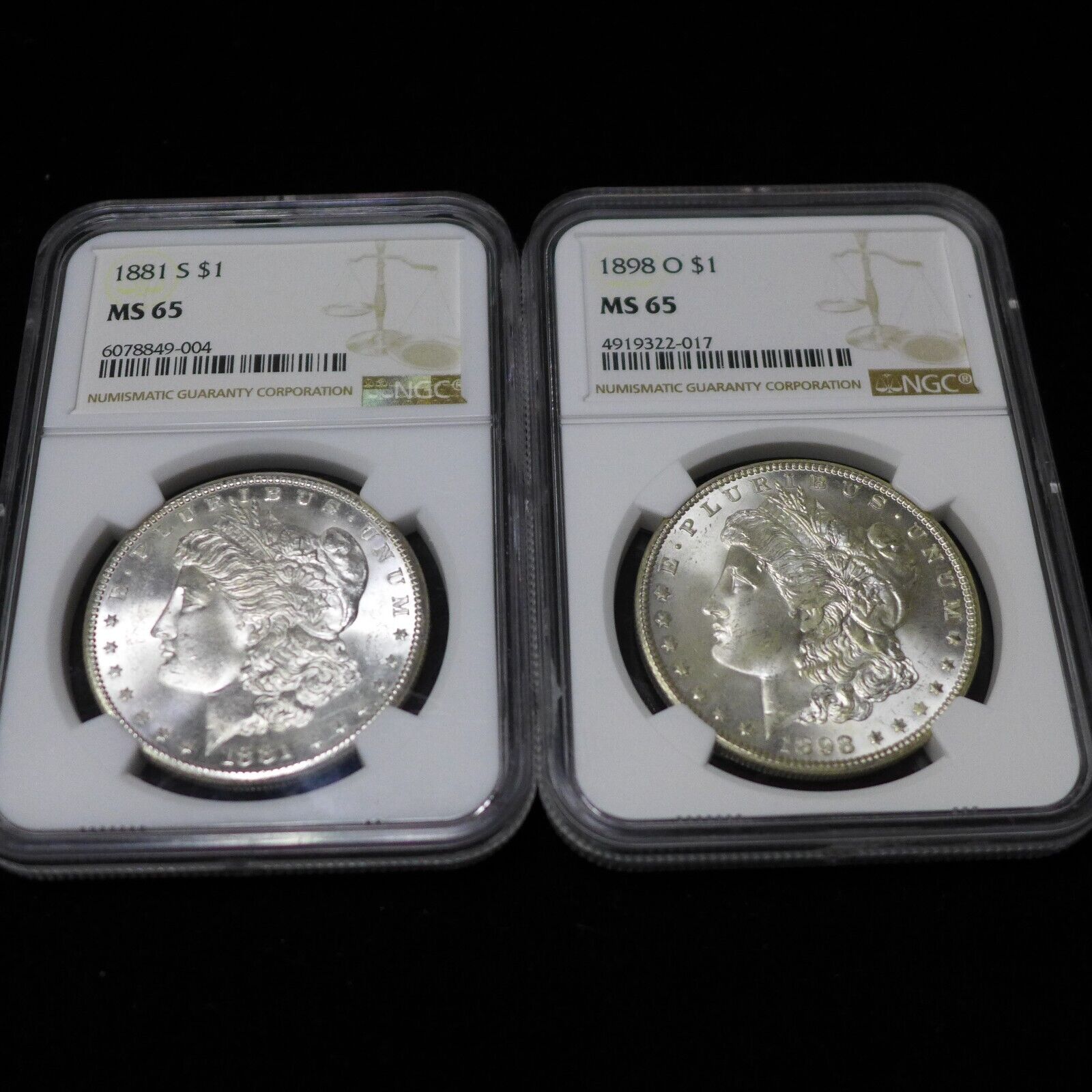 Lot of (2) 1881-S & 1898-O Morgan Silver Dollars NGC MS65 White & Frosty