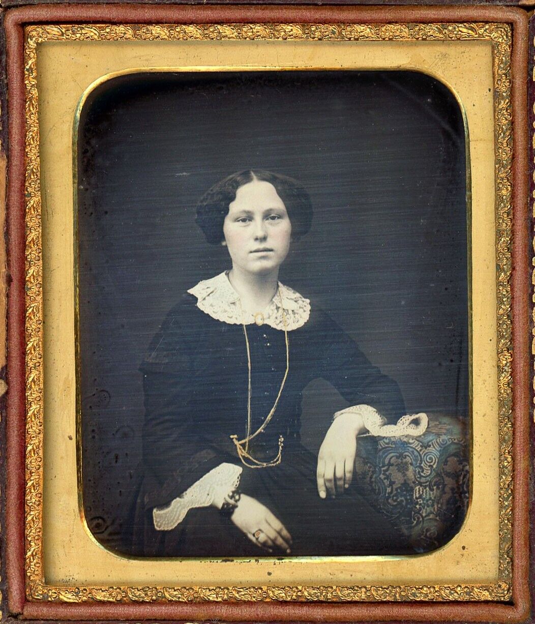 SUPER HIGH CONTRAST WOMAN WITH GOLD AND LACE LOVELY DEMEANOR DAGUERREOTYPE