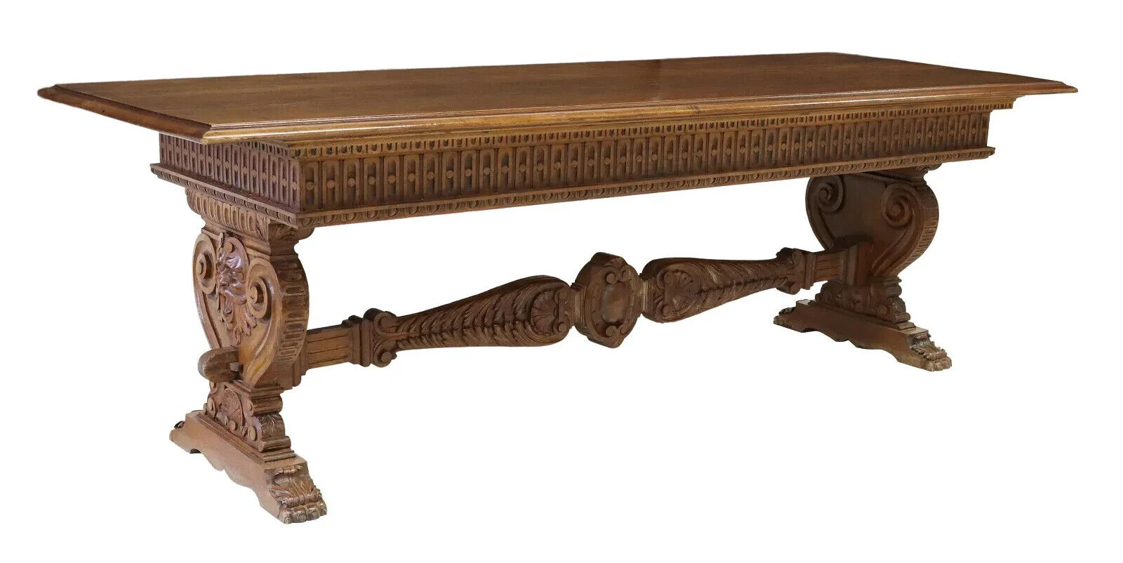 Antique Table, Monumental Renaissance Revival Walnut, Volute Support, 1800s