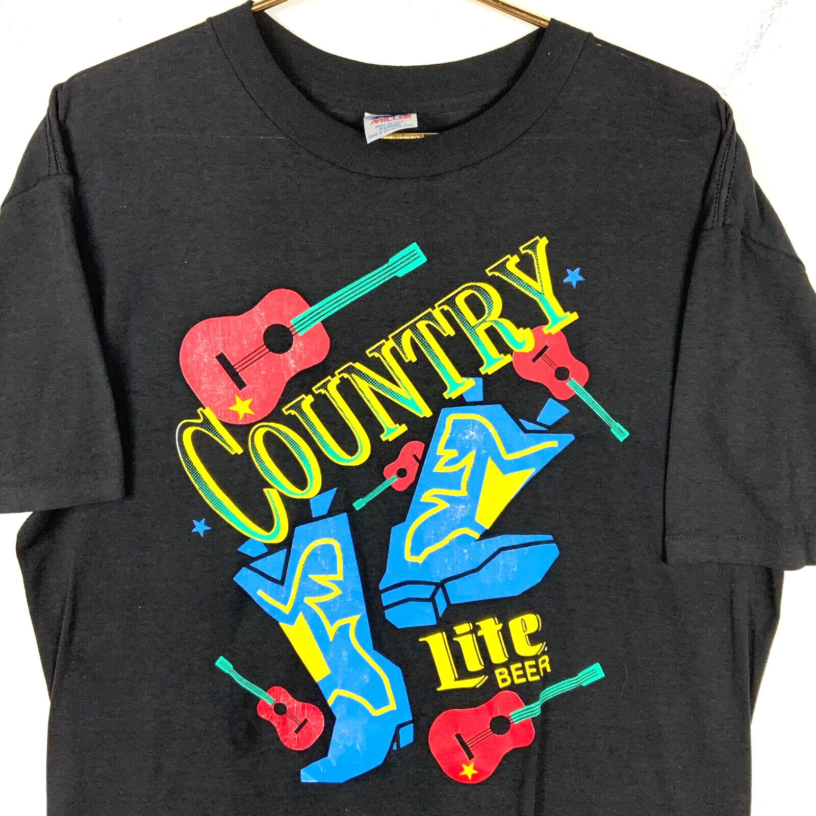 Vintage Miller Lite Beer Country Music T-Shirt Size XL Black Single Stitch 80s