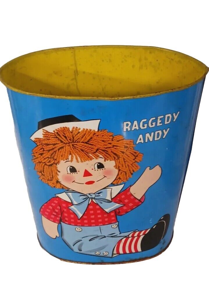 Rare Vintage Antique 1972 RAGGEDY ANN & ANDY BLUE Metal Trash Can Wastebasket 