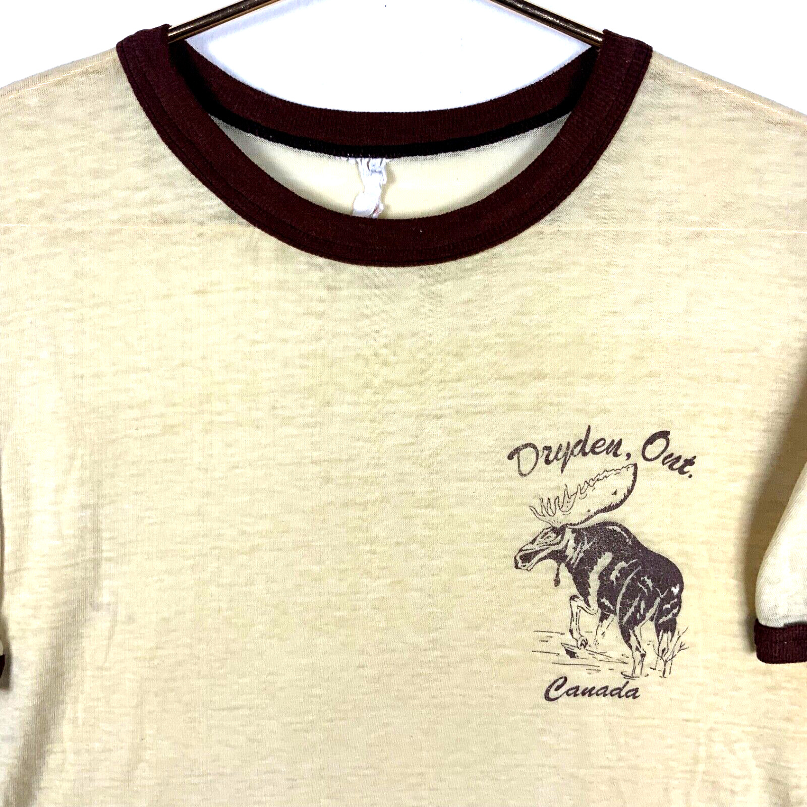 Vintage 1970s Wildlife Ringer T-Shirt Size Medium Yellow Moose Canada 70s