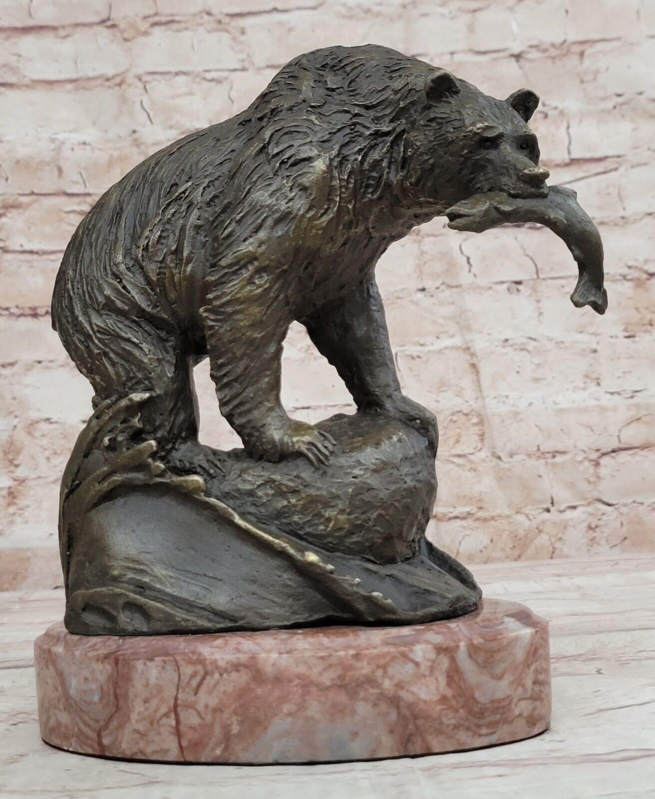 Grizzly Bear Salmon Fishing Alaska Wildlife Art Bronze Marble Statue Sculpture