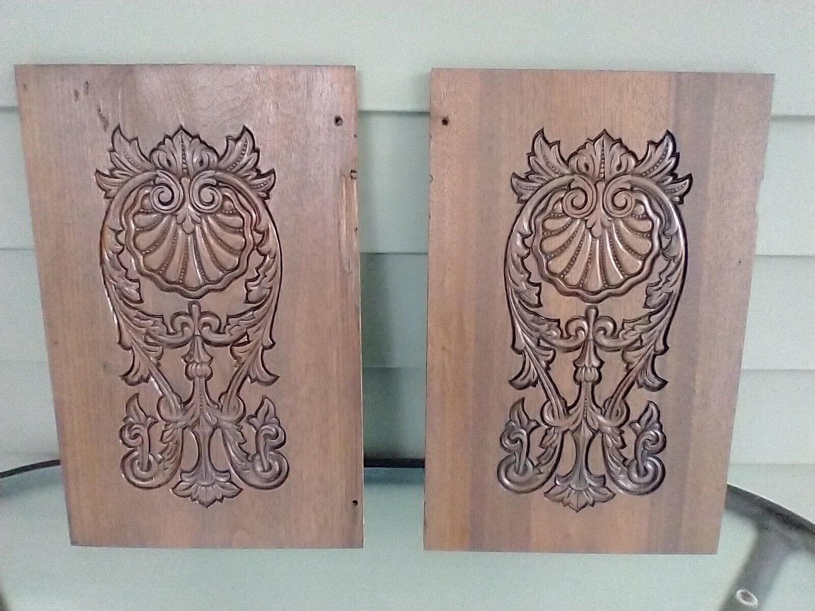 Pair Antique Victorian Deeply Embossed Panels Walnut Project Scroll Work Art