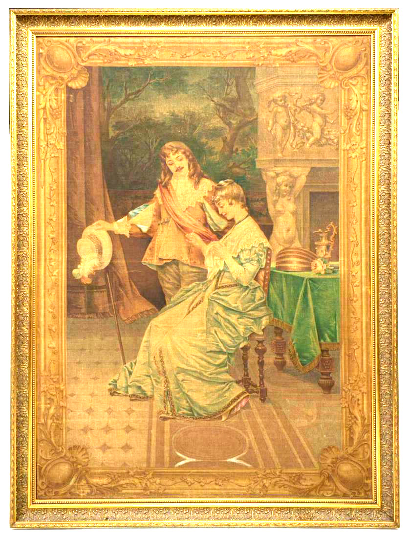 Antique Tapestry, Large Framed Courting Scene Painted, Continental, Early 1900s