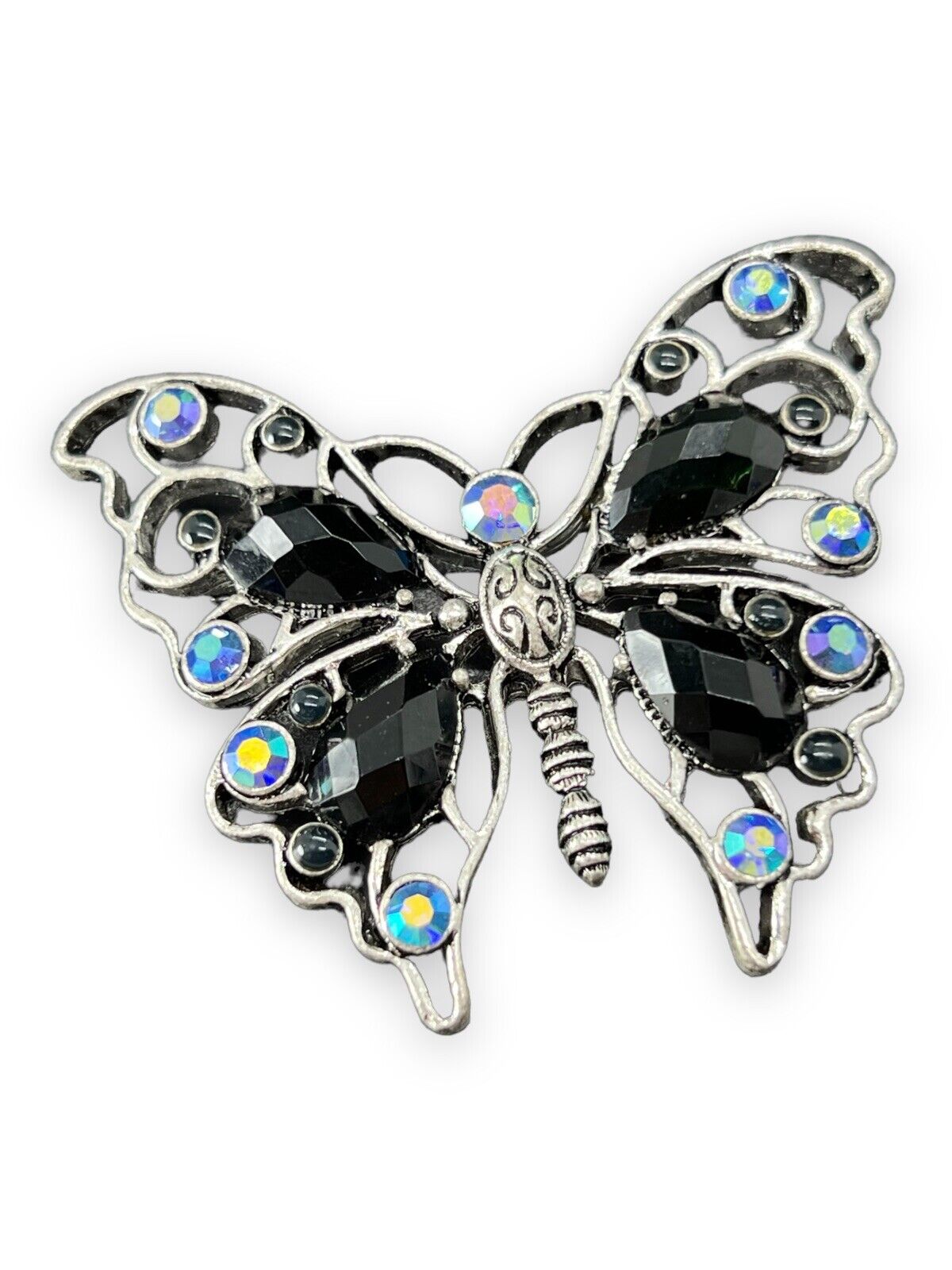 vintage 1929 silver metal butterfly Brooch with black and blue iridescent stones