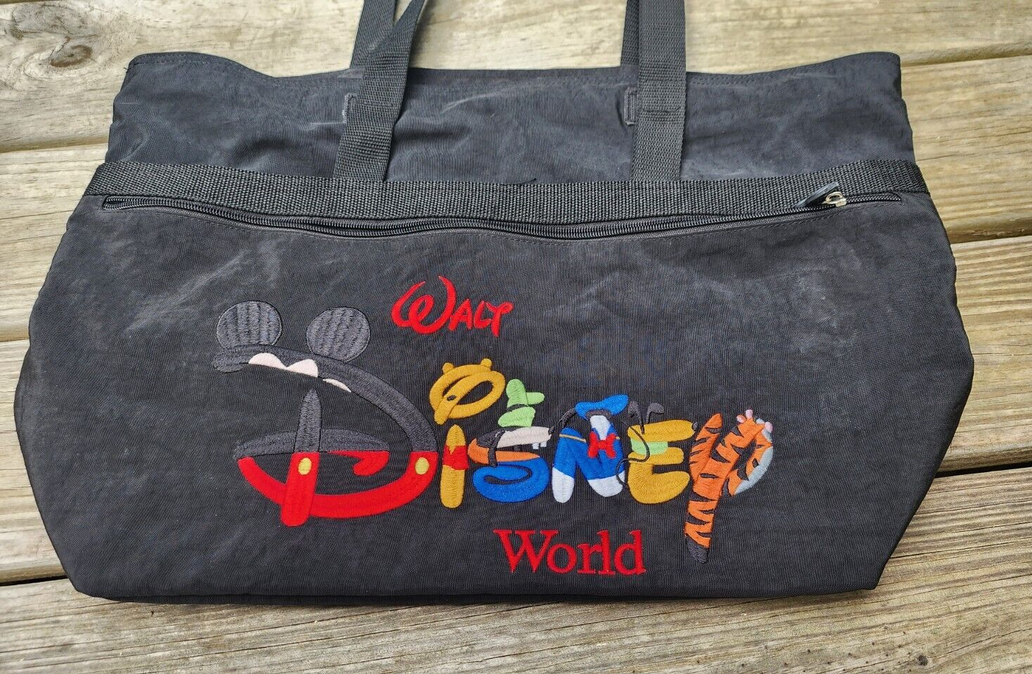 Vintage Walt Disney World Tote Bag Embroidered Spell Out Black Zippered Nylon