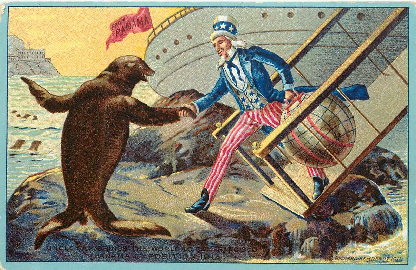 Postcard PPIE Panama Pacific Expo Uncle Sam Brings Globe To San Francisco Seal
