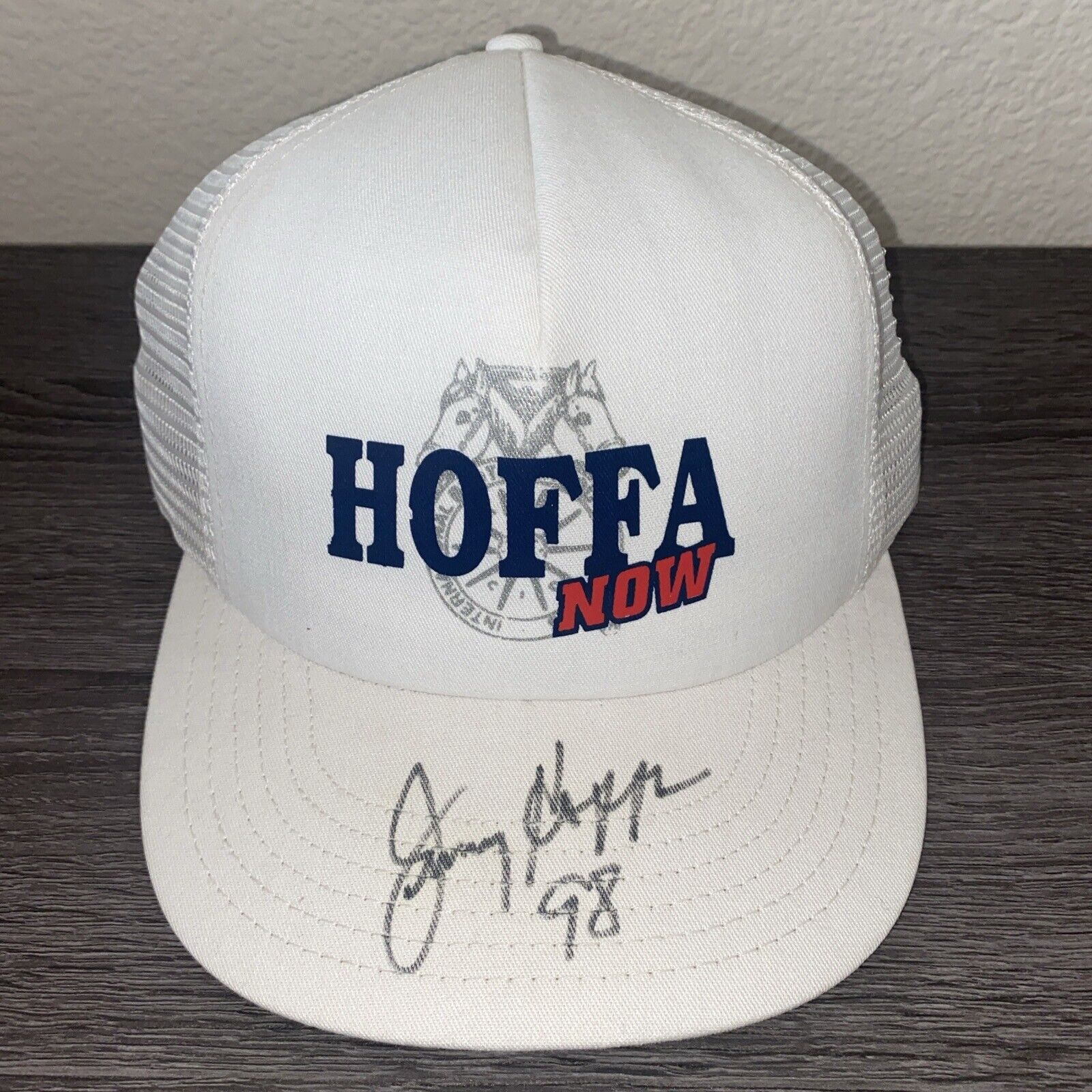 Vintage HOFFA NOW Signed Jimmy Hoffa 98 Teamsters White Snapback Trucker Hat