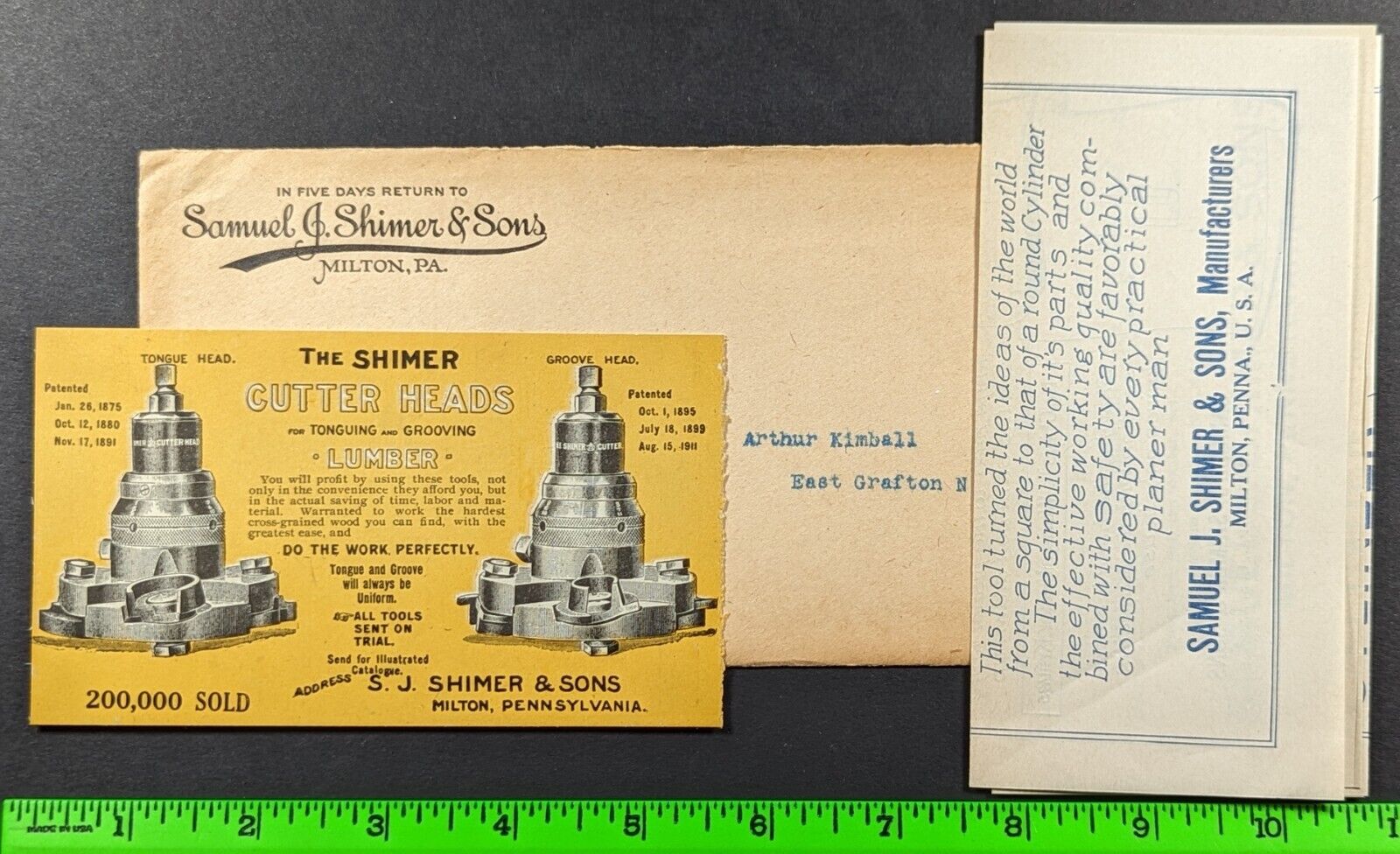 Antique 1921 Shimer & Son Tools Milton Pennsylvania Envelope Advertisement