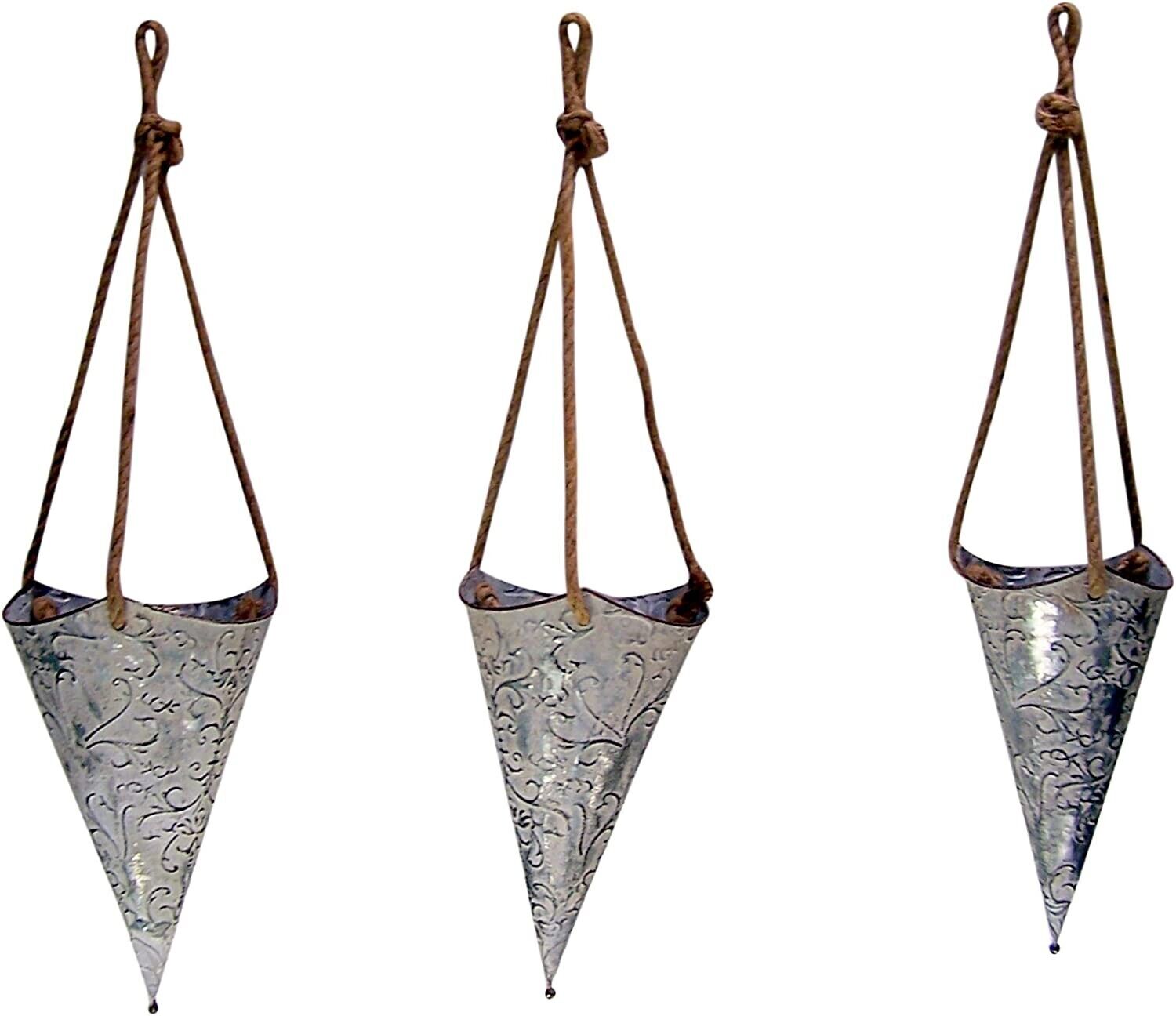 Distressed Patterned Metal Hanging Cone Planters with Brown Trim, Assorted Sizes