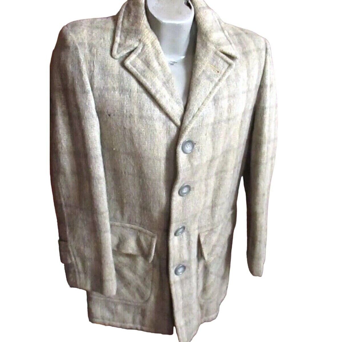 Vintage Mens MCM 1950s Overcoat - Small 38 Wool Gray/Smokey Plaid Sears Atomic