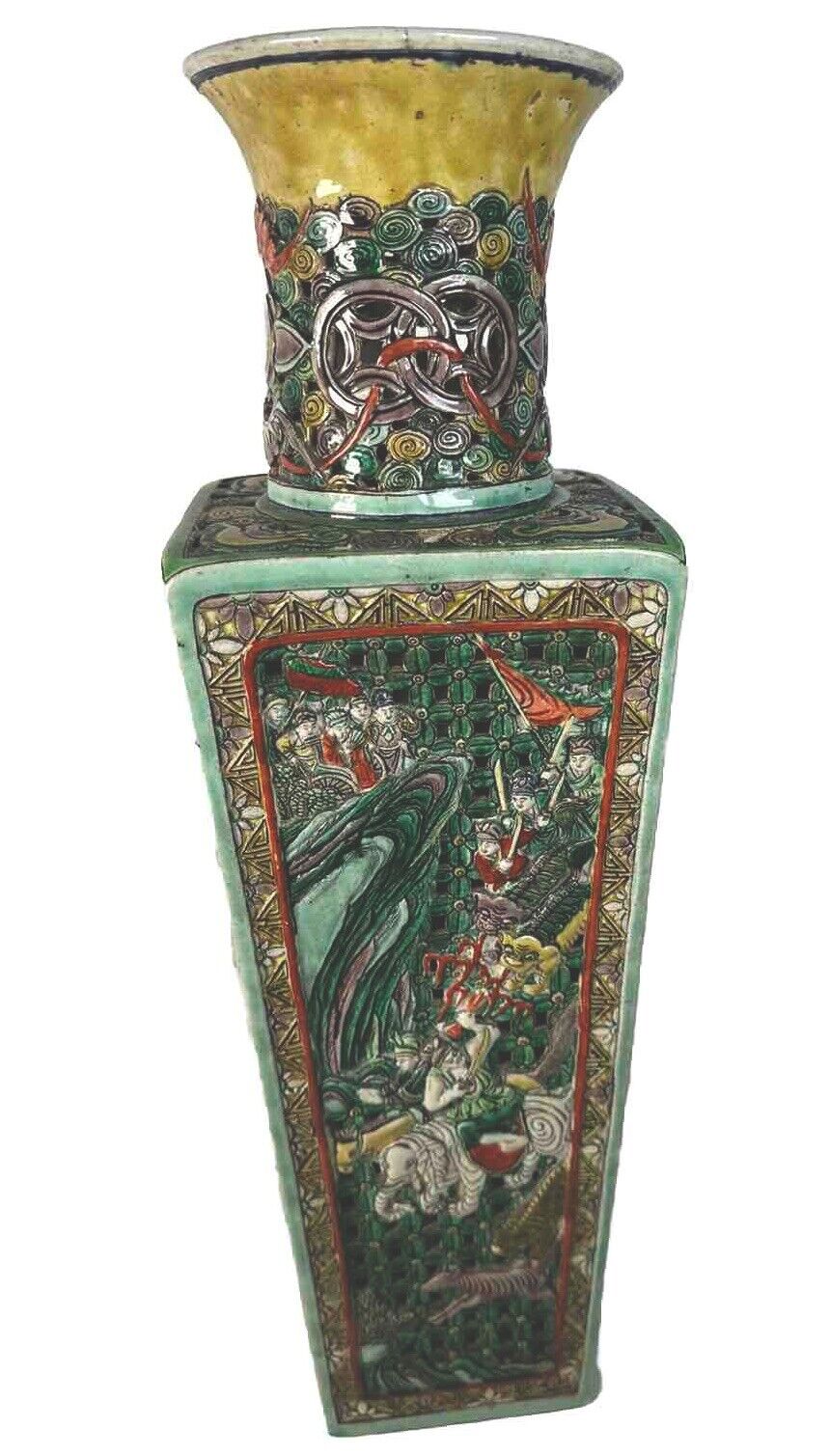 Antique Chinese Vase famille verte enameled porcelain reticulated Signed