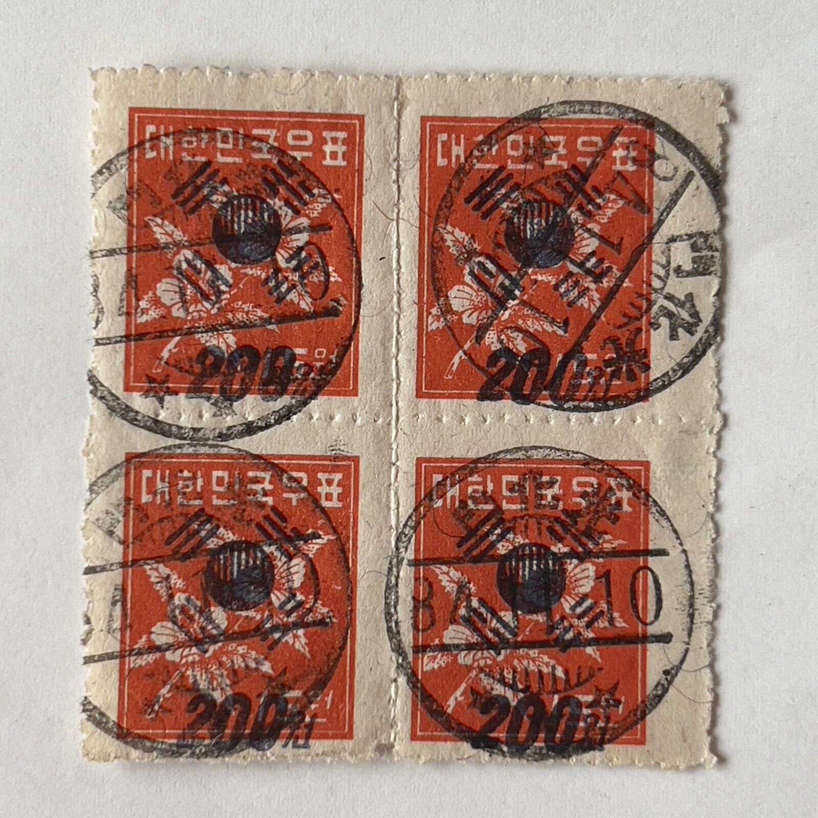 1951 SOUTH KOREA BLOCK OF 4 STAMPS #128 HIBISCUS BOLD OVERPRINT NICE SON CANCELS