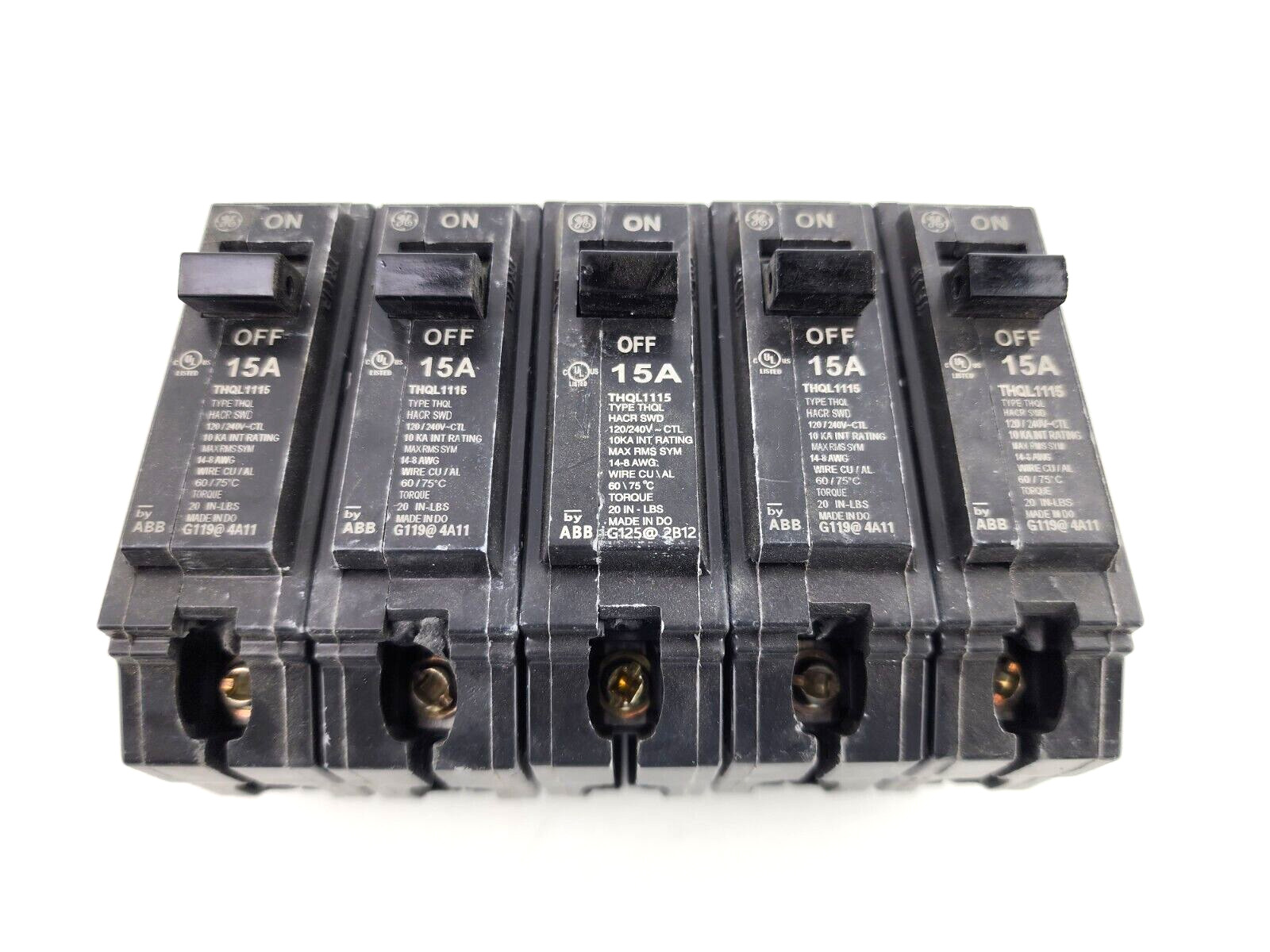 5pcs Used GE General Electric THQL1115 15A 1 Pole 120/240V Circuit Breaker