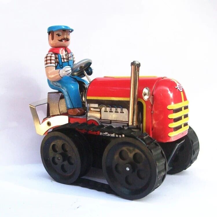 MS356 Vintage Farm Tractor + Farmer Retro Clockwork Wind Up Tin Toy Collectible