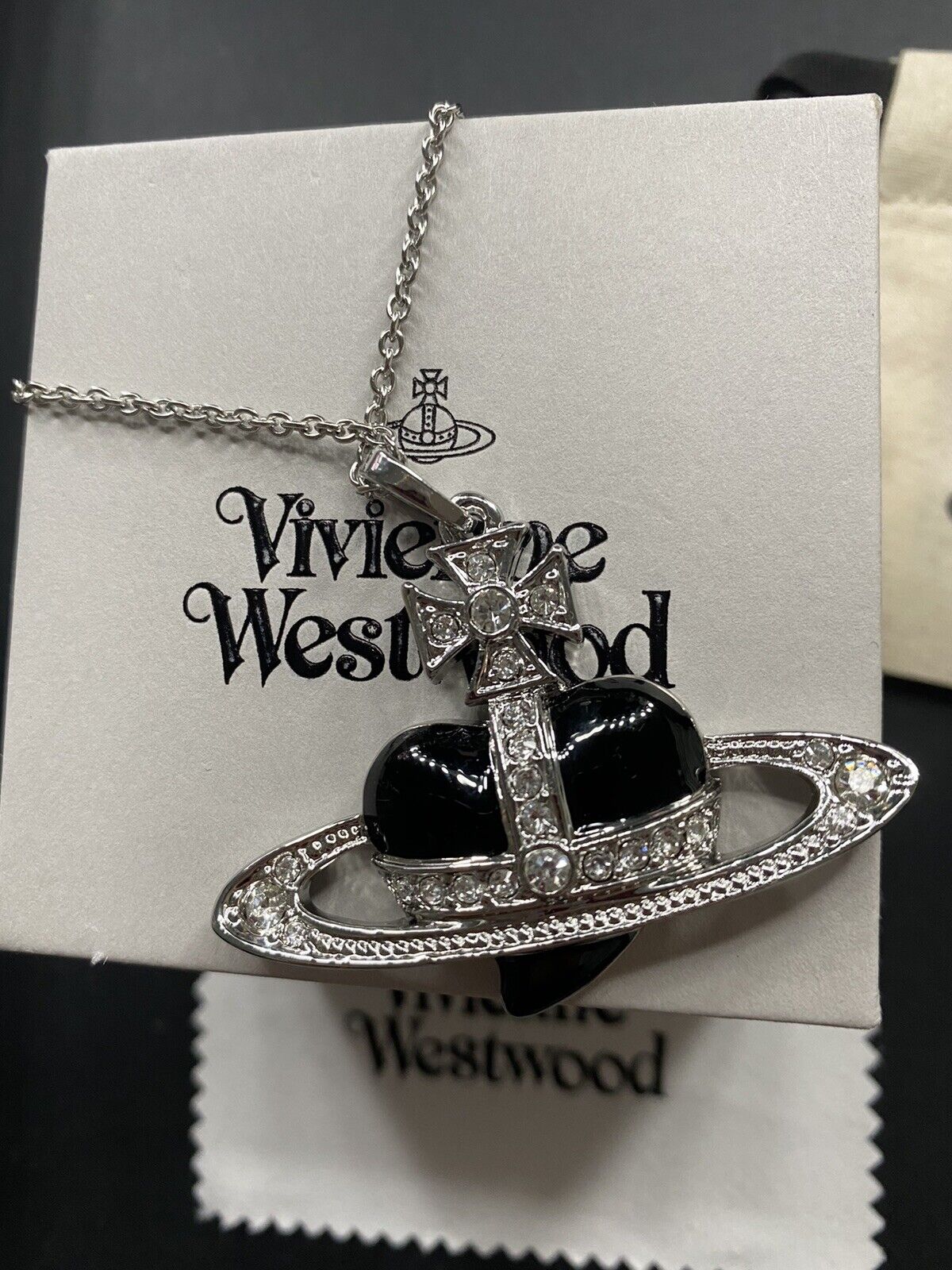 Vivienne Westwood Black Heart Diamante Necklace Silver Tone