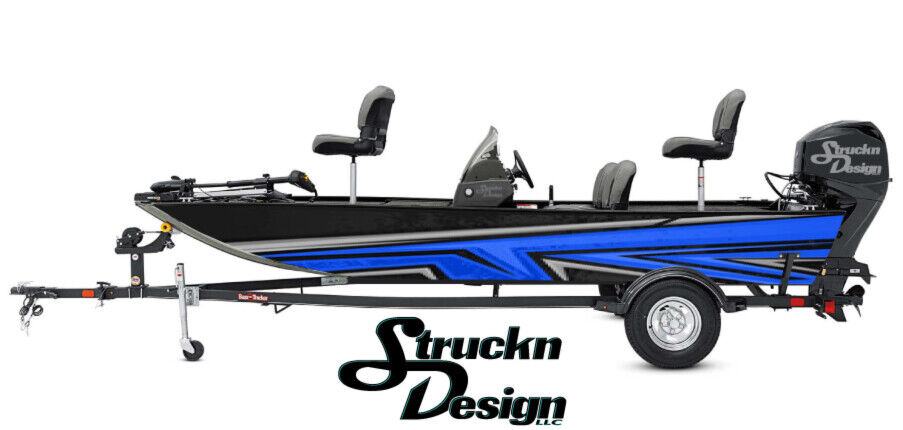 Boat Wrap Black Blue White Vinyl Graphic Decal Kit Fishing Abstract Lines