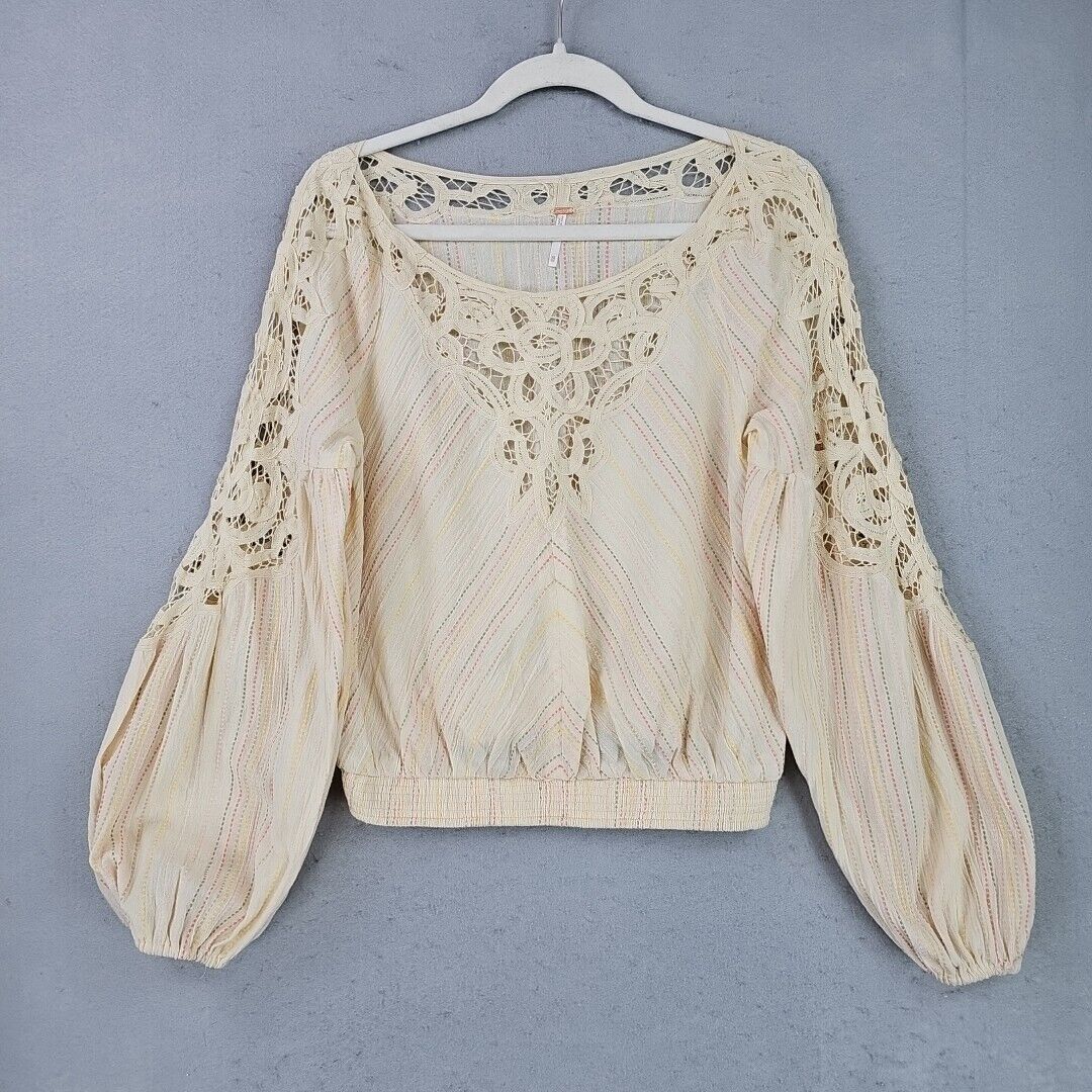 Free People Top Womens XS Cream Woven/Lace Bohemian Chic Elegant Hipster Cotton
