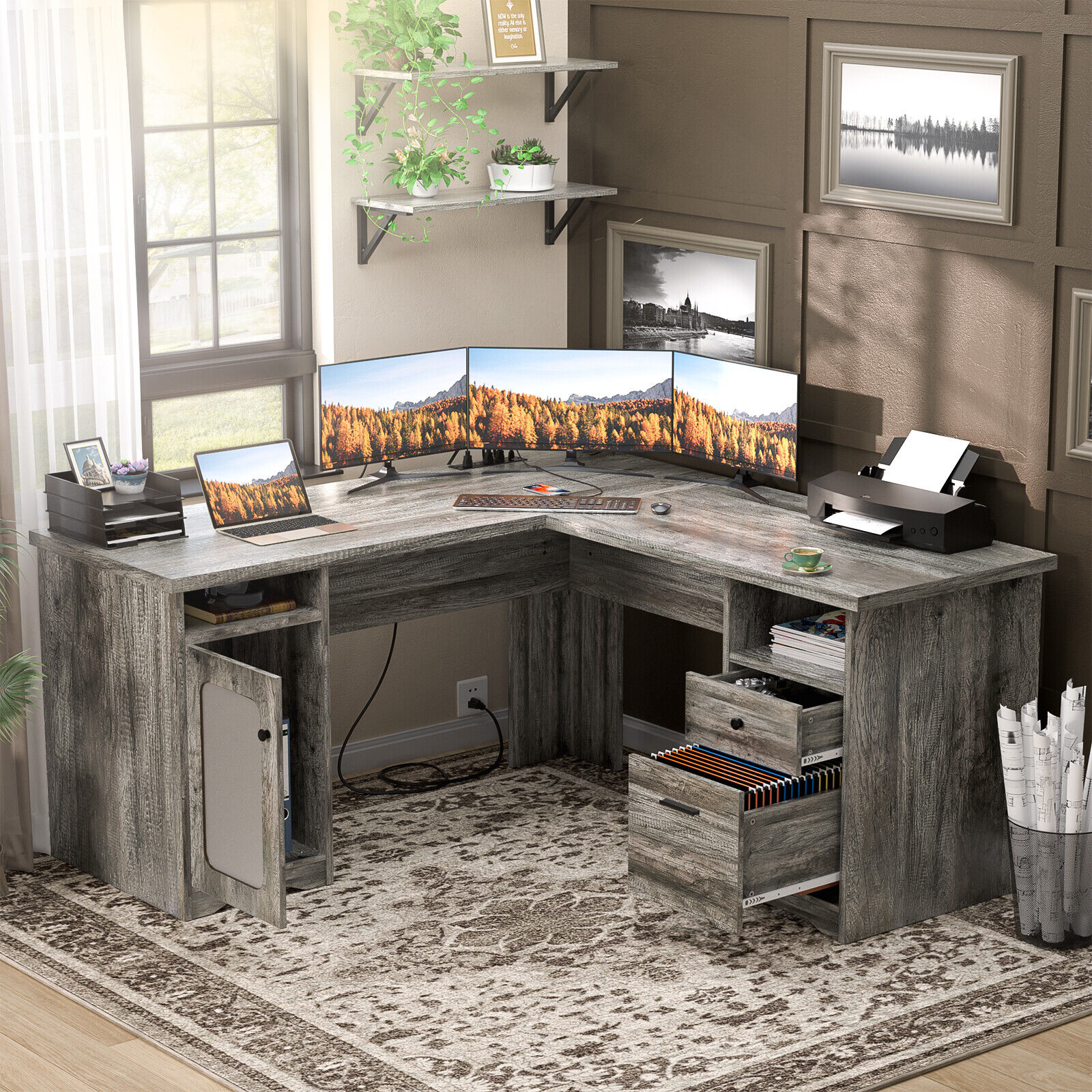L Shaped Computer Desk with Drawers  & USB Charging Port File Cabinet Black Oak
