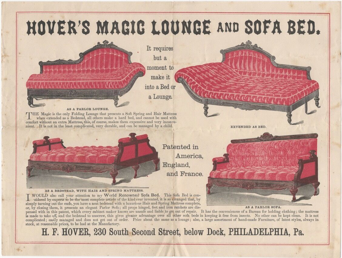 Philadelphia 1870s Original Broadside Hover’s Magic Lounge Sofa Bed Furniture