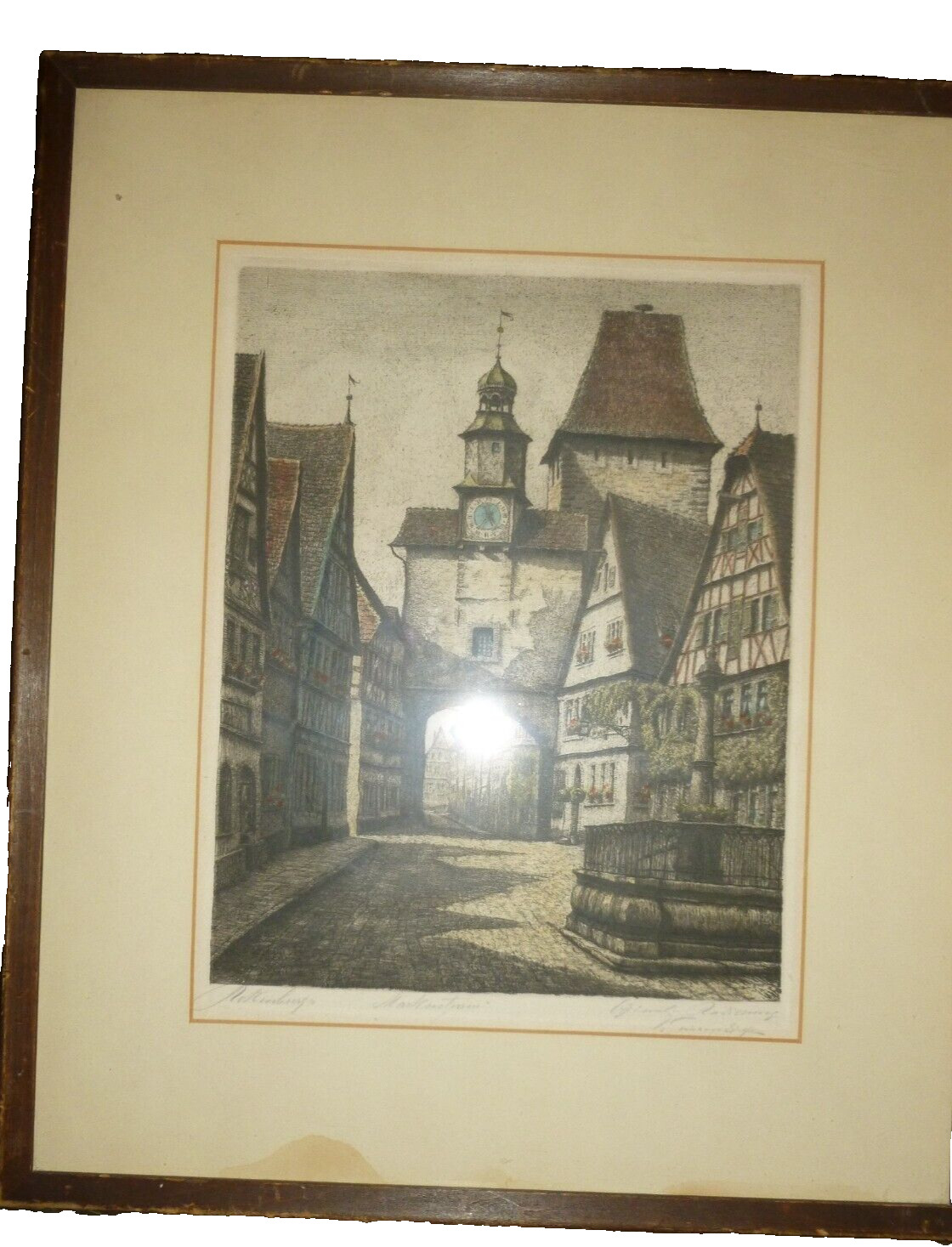 Antique HEINER KRASSER ART ROTHENBURG SIGNED HAND-COLORED ETCHING Original Frame
