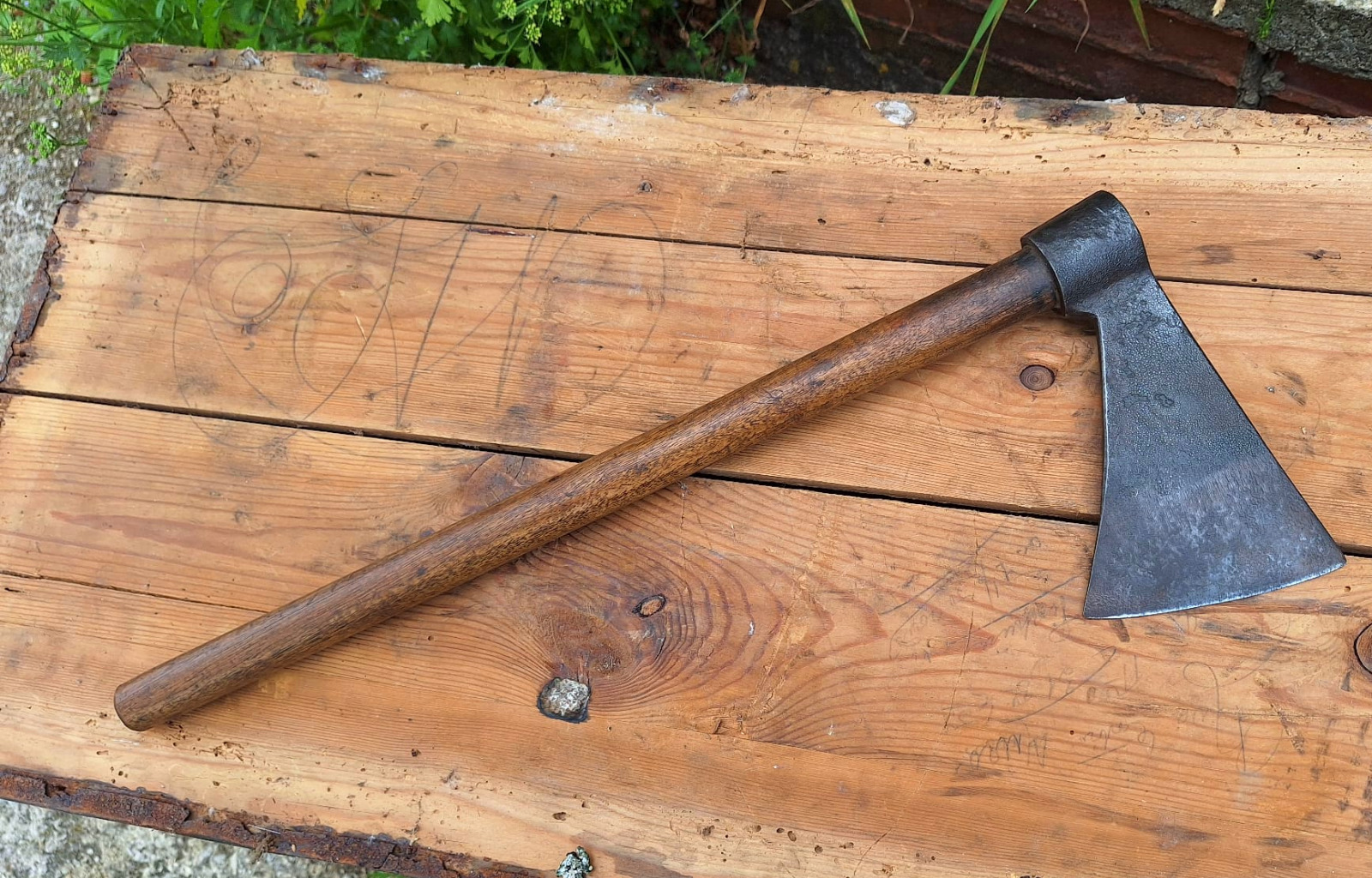 AXE HATCHET HEAD OLD TOOL HANDLE  FORGED HANDLE WOOD SIGNED ANTIQUE VINTAGE