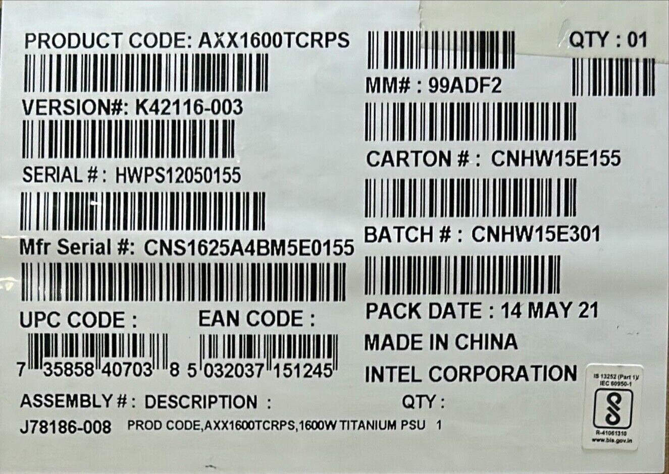 Intel AXX1600TCRPS 1600W AC Common Redundant Power Supply NEW OPEN BOX