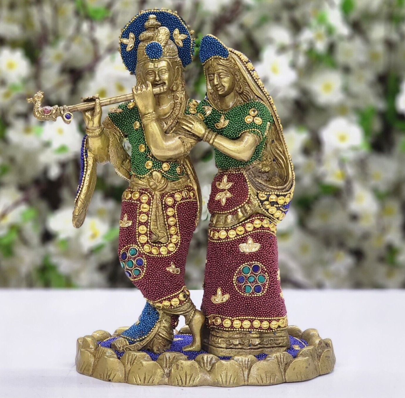 Radha Krishna Statue Brass with Stone Work Radha Krishna Idol India Temple Decor